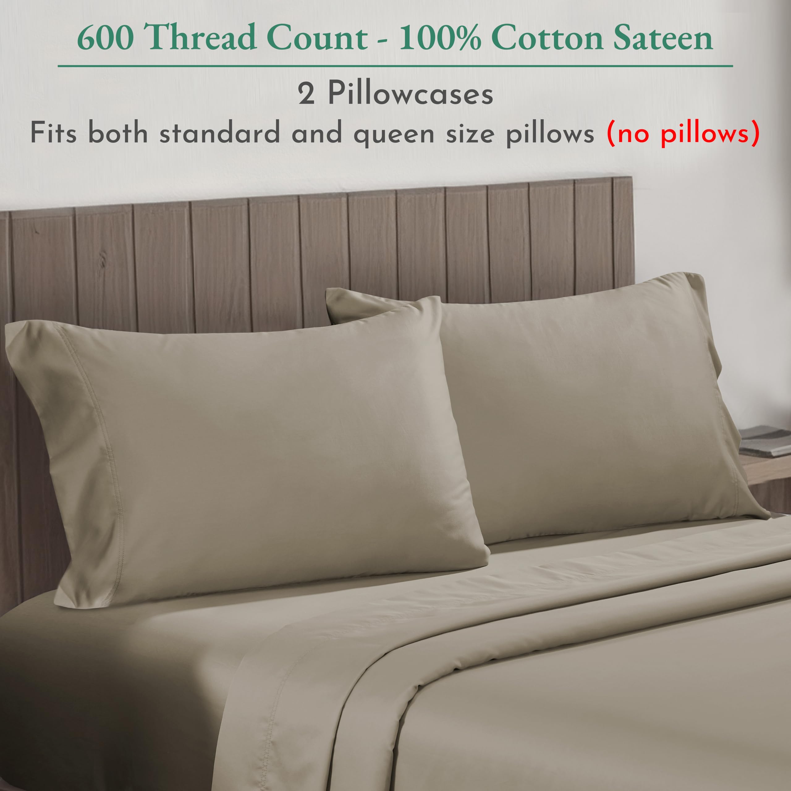 Luxury 600 Thread Count 100% Cotton Pillowcase Set of 2 - Queen Size Hotel Quality Soft Pillow Cases for Standard & Queen Pillows (Taupe) | Perfect for Bedroom Upgrade, Guest Room Essentials & Spa-Like Sleep Experience