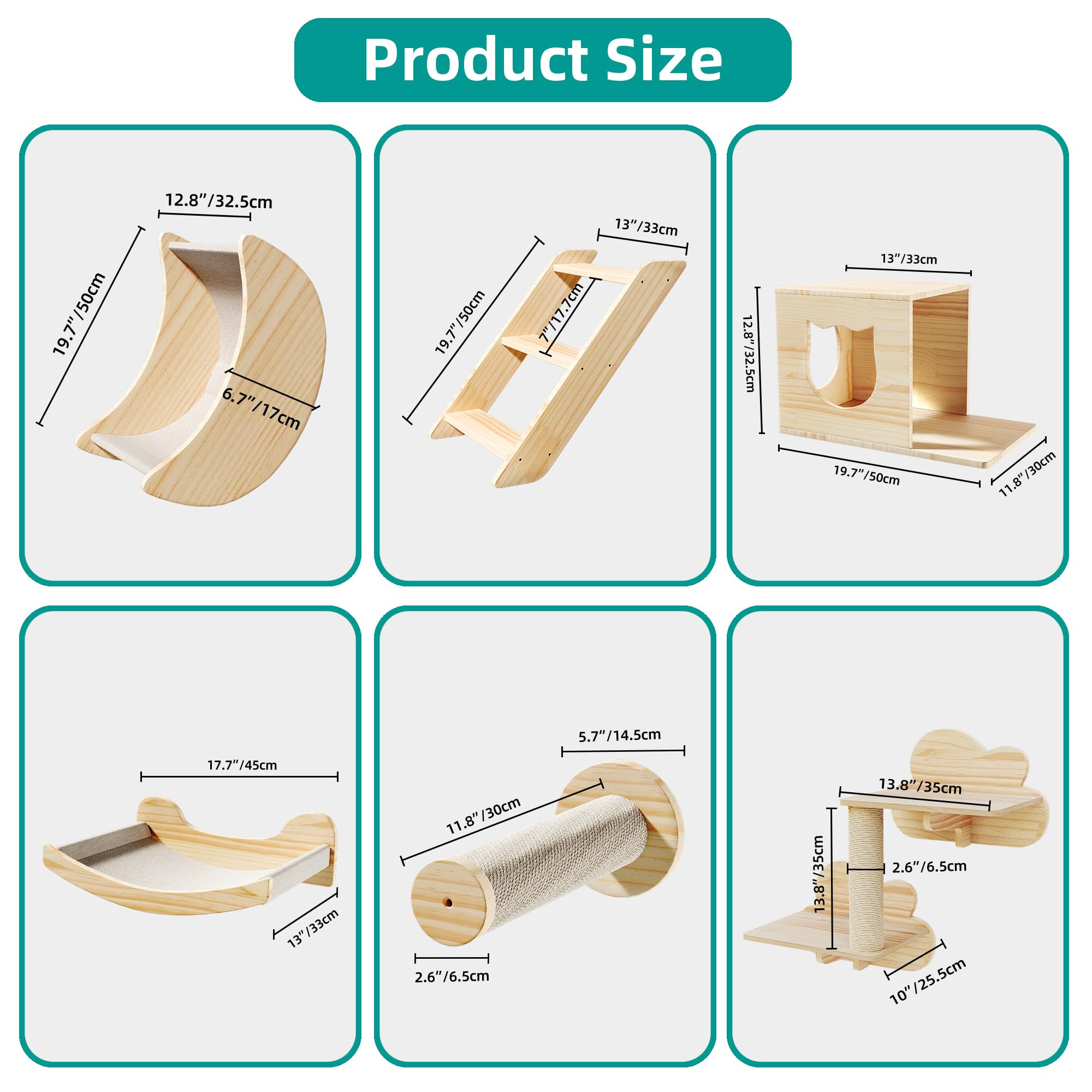 YITAHOME 9-Piece Solid Pine Wood Cat Wall Shelves and Perches Set - Wall Mounted Cat Tree with Moon Cat House & Bridge Ladder - Indoor Cat Climbing Shelves for Play, Rest, and Vertical Space (Perfect for Small Apartments & Multi-Cat Homes)