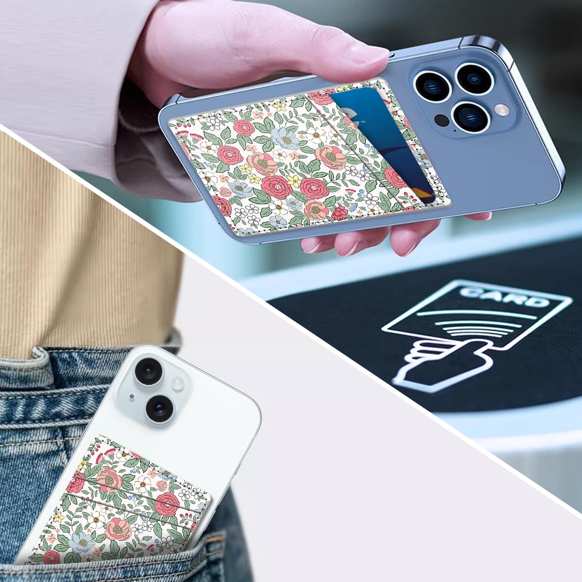 Leather Card Holder for Phone Case - Dual Pocket Stick-On Wallet for iPhone & Android - Small Flower Design - Perfect for Travel, Shopping & Everyday Use
