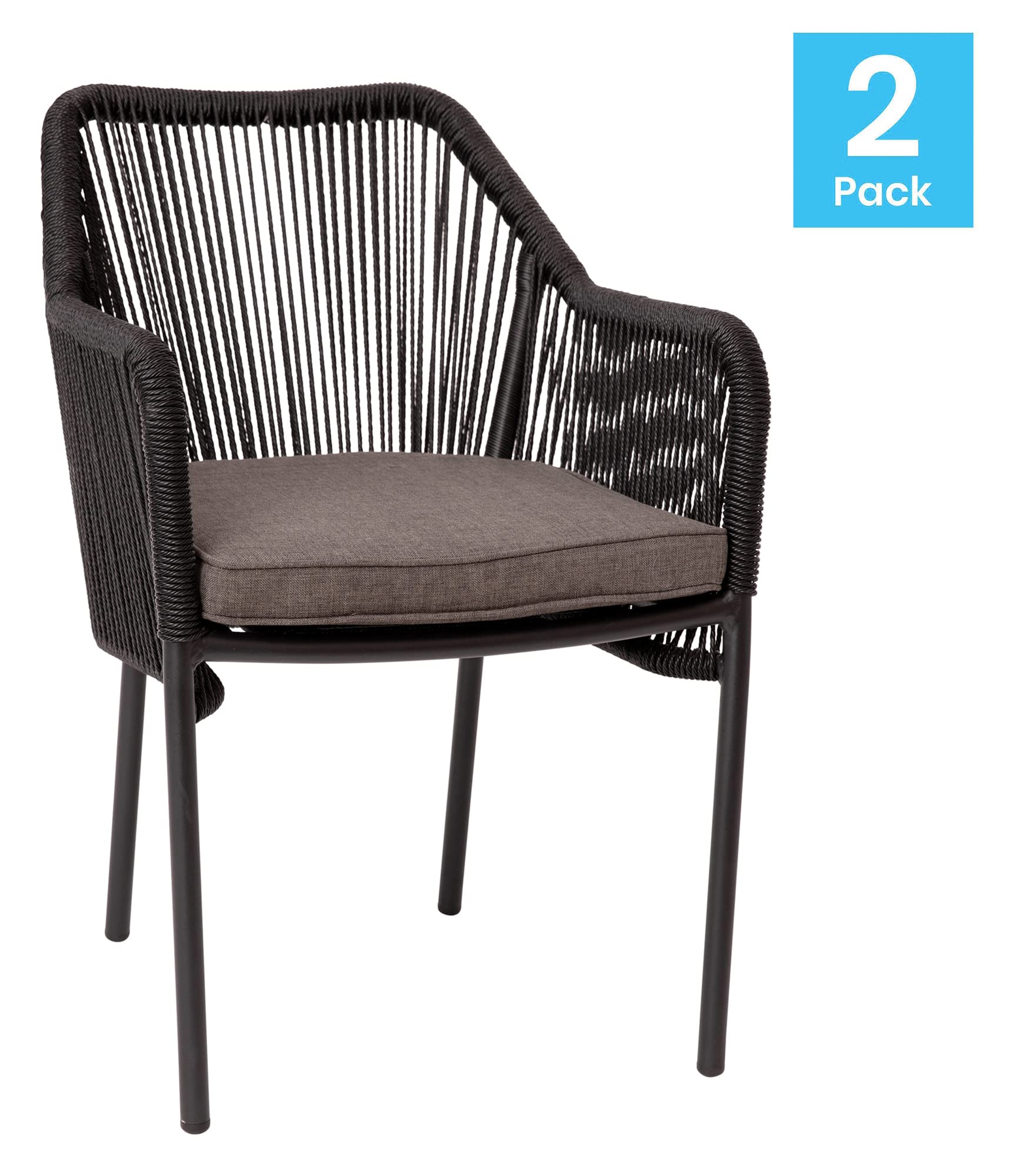 Flash Furniture Kallie Set of 2 Stacking Club Chairs - Indoor/Outdoor UV Resistant Woven Black Seats - Gray Zippered Cushions - Black Aluminum Frame - Perfect for Patio, Poolside & Garden Relaxation