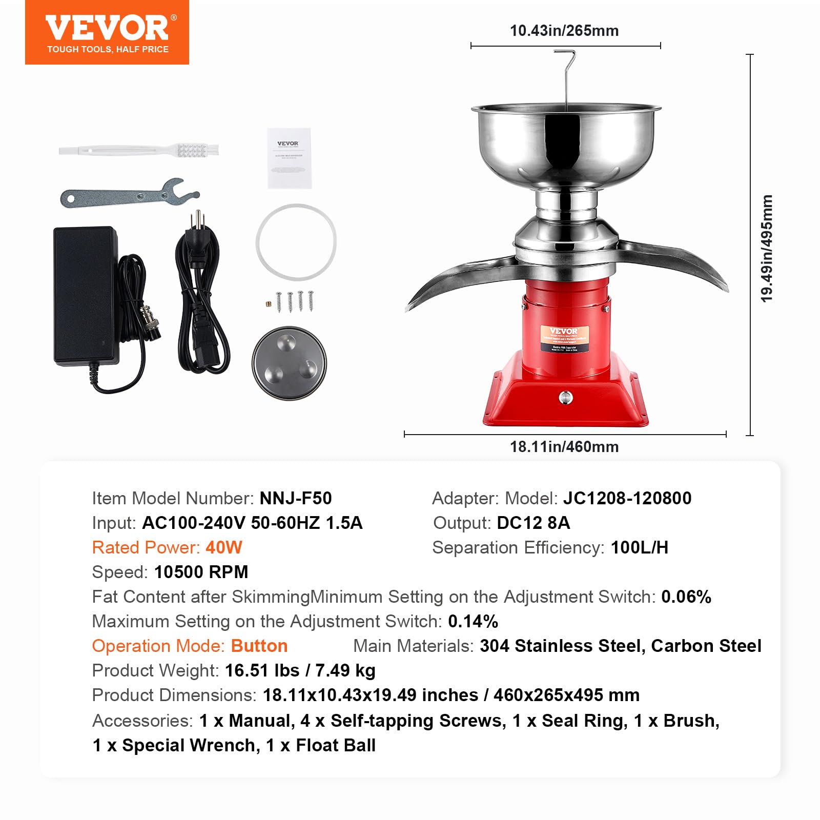 VEVOR 304 Stainless Steel Electric Cream Separator - 100L/H High Speed Centrifuge for Goat Milk & Dairy Processing (10500 RPM, Red) | Perfect for Farm Fresh Milk, Cheese Making & Home Dairy Production
