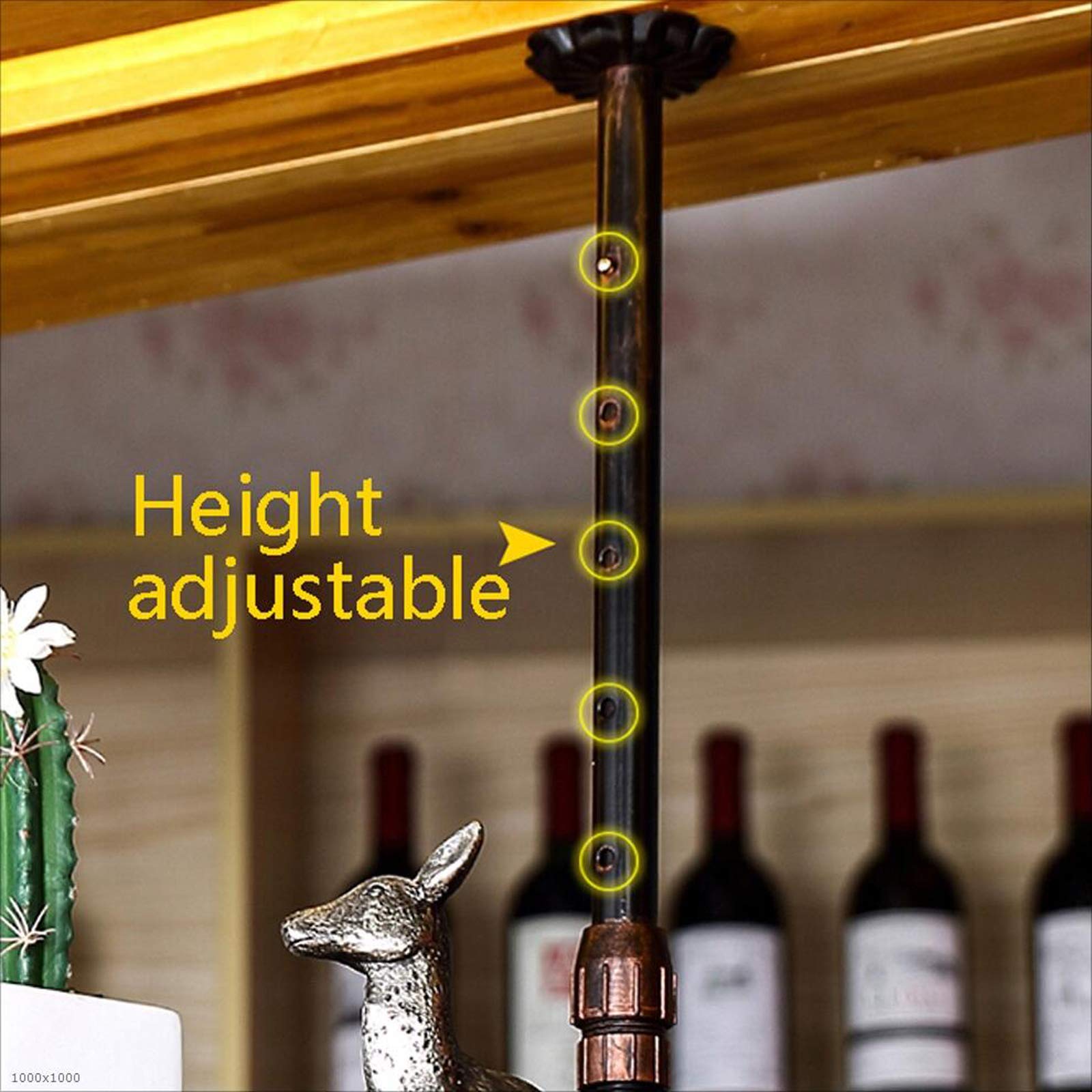 YHS Industrial Retro Metal Wine Rack - Adjustable Ceiling Hanging Wine Glass Holder for Bars, Restaurants & Kitchens - Floating Shelf with Decorative Rods (Black, 60x35cm) - Perfect for Wine Storage, Home Decor & Commercial Spaces