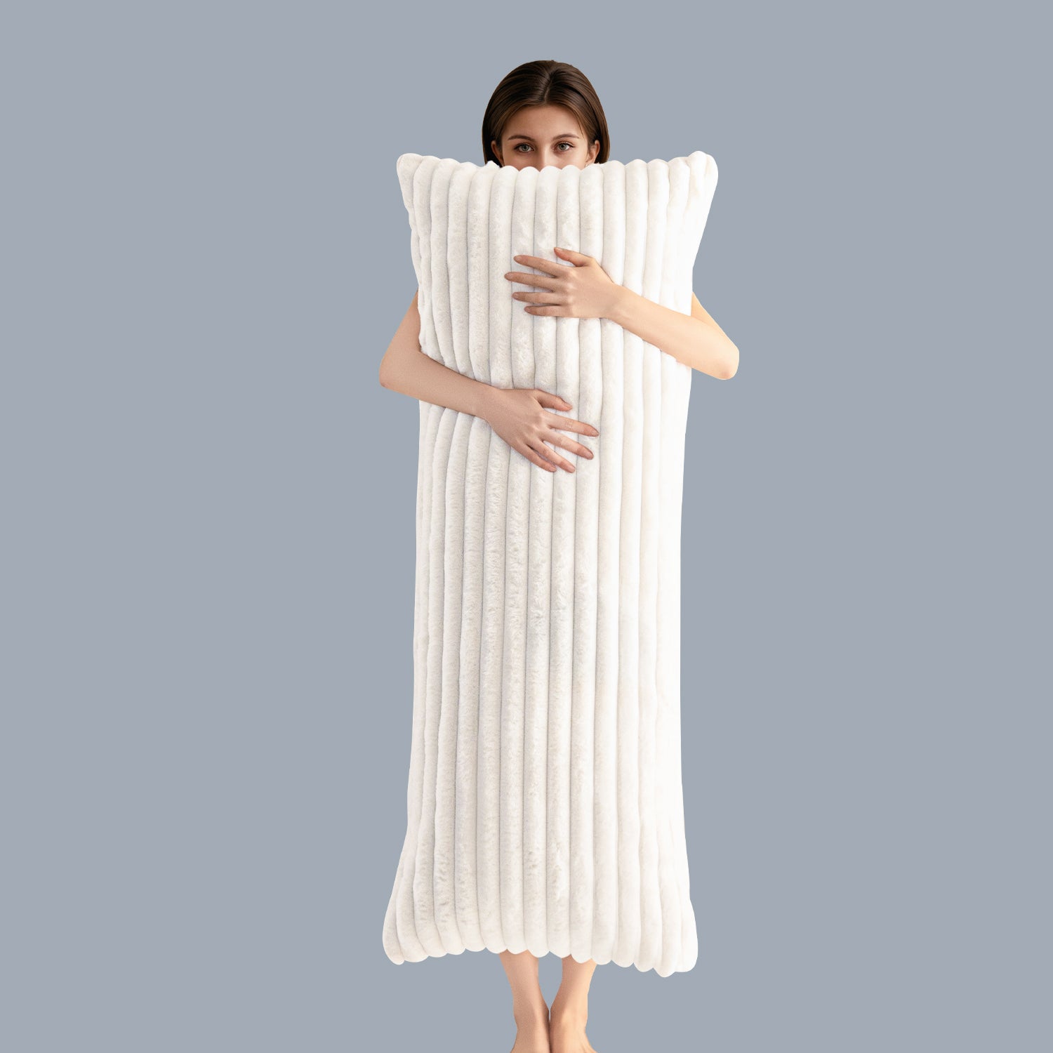 MAXYOYO Ultra Soft Striped Faux Fur Body Pillow for Adults - 20x54 Inch Long Hugging Pillow for Side Sleepers & Pregnancy Support (White) - Perfect for Bed, Couch & Home Comfort