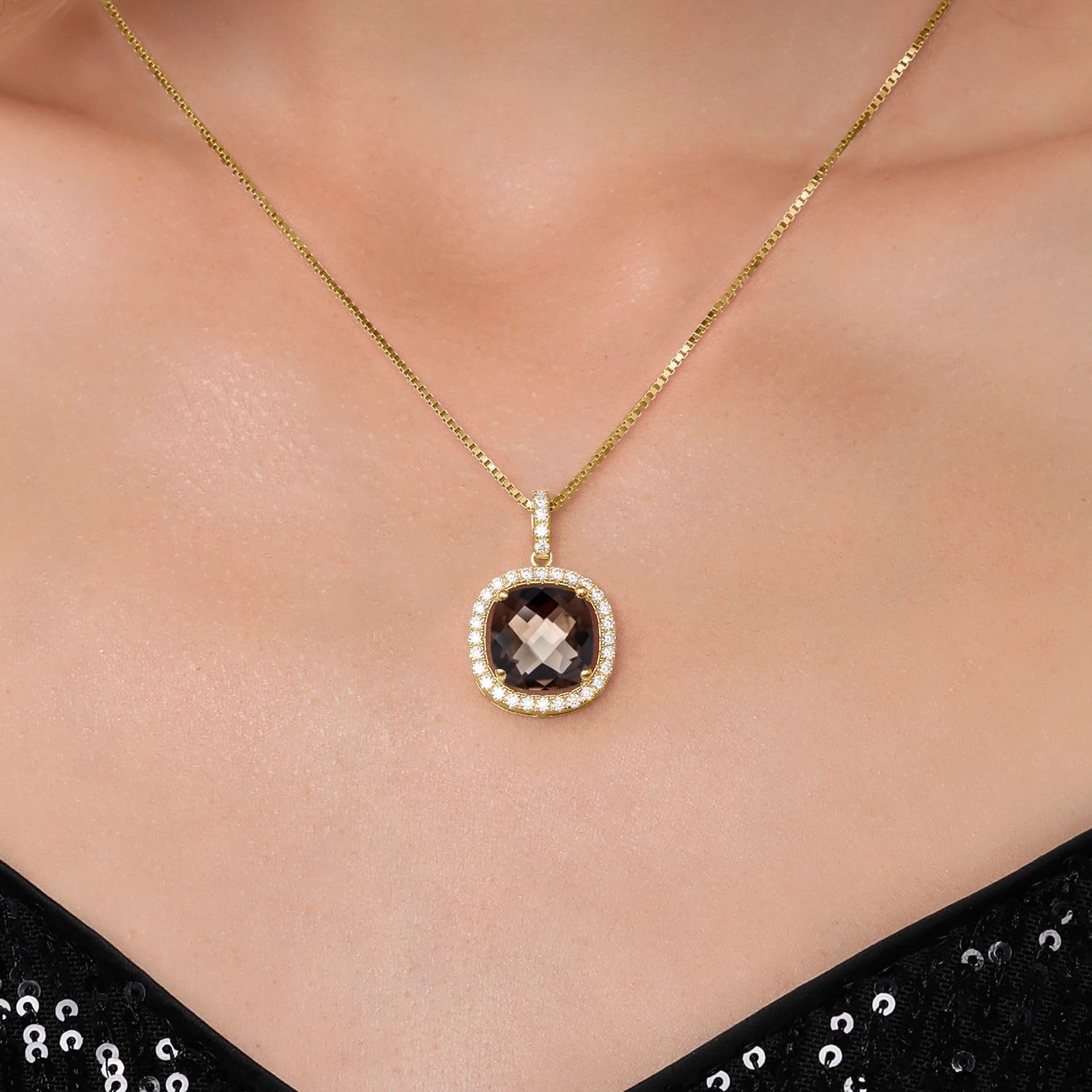 18K Yellow Gold Plated Silver 14MM Cushion Birthstone & White Moissanite Pendant Necklace for Women | Halo Design with 18 Inch Chain | Elegant Gift for Birthday, Anniversary & Special Occasions