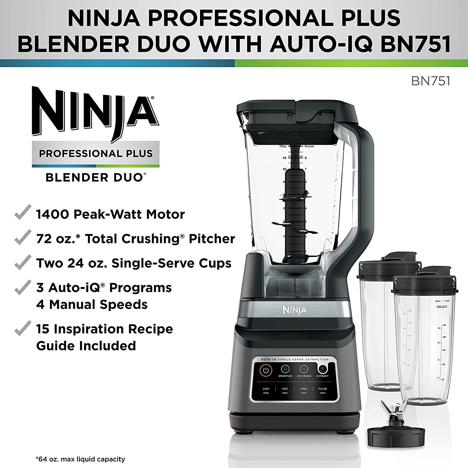 Ninja BN751 Professional Plus DUO Blender - 1400W High-Power Blender with 3 Auto-IQ Programs for Smoothies, Frozen Drinks & Nutrient Extraction - Includes 72oz Crushing Pitcher & 2x 24oz Travel Cups - Perfect for Home Kitchen, Smoothie Bars & Healthy Meal Prep (Black)