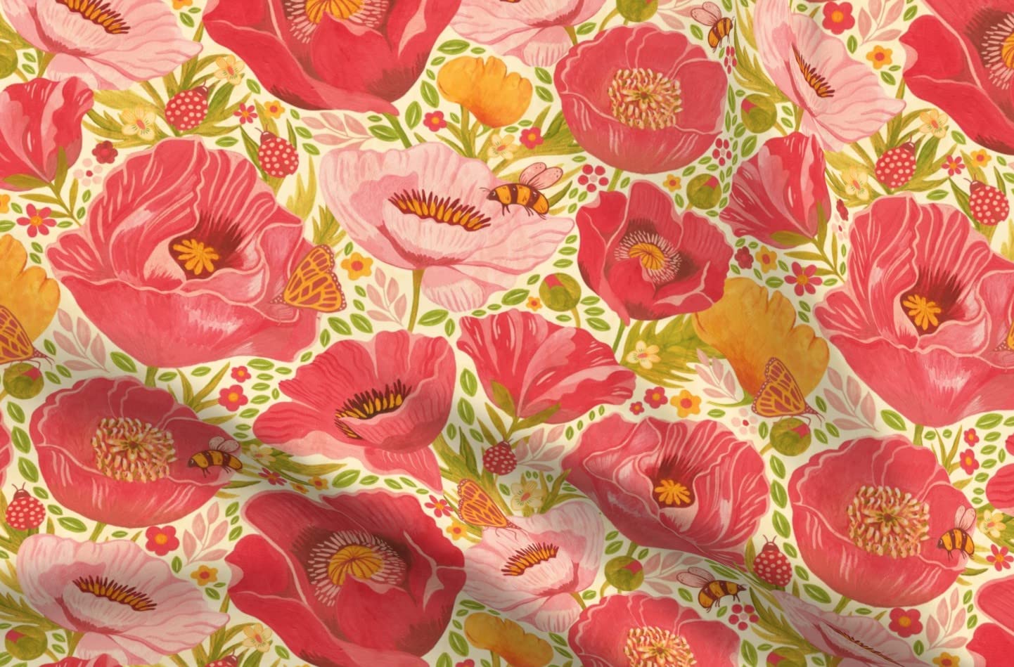 Poppies Garden Large Scale Floral Pink Red Printed Cotton Fabric - Fat Quarter for Sewing, Quilting, Apparel & Home Decor | Spring Floral Design on Petal Signature Cotton | Perfect for DIY Crafts, Dresses, Curtains and Pillow Covers