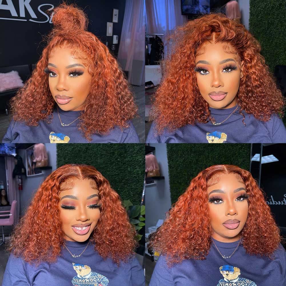 Kinky Curly Bob Wig 13x4 Lace Front Human Hair - Ginger Colored 150% Density (12 Inch) for Women | Perfect for Cosplay, Daily Wear & Special Occasions