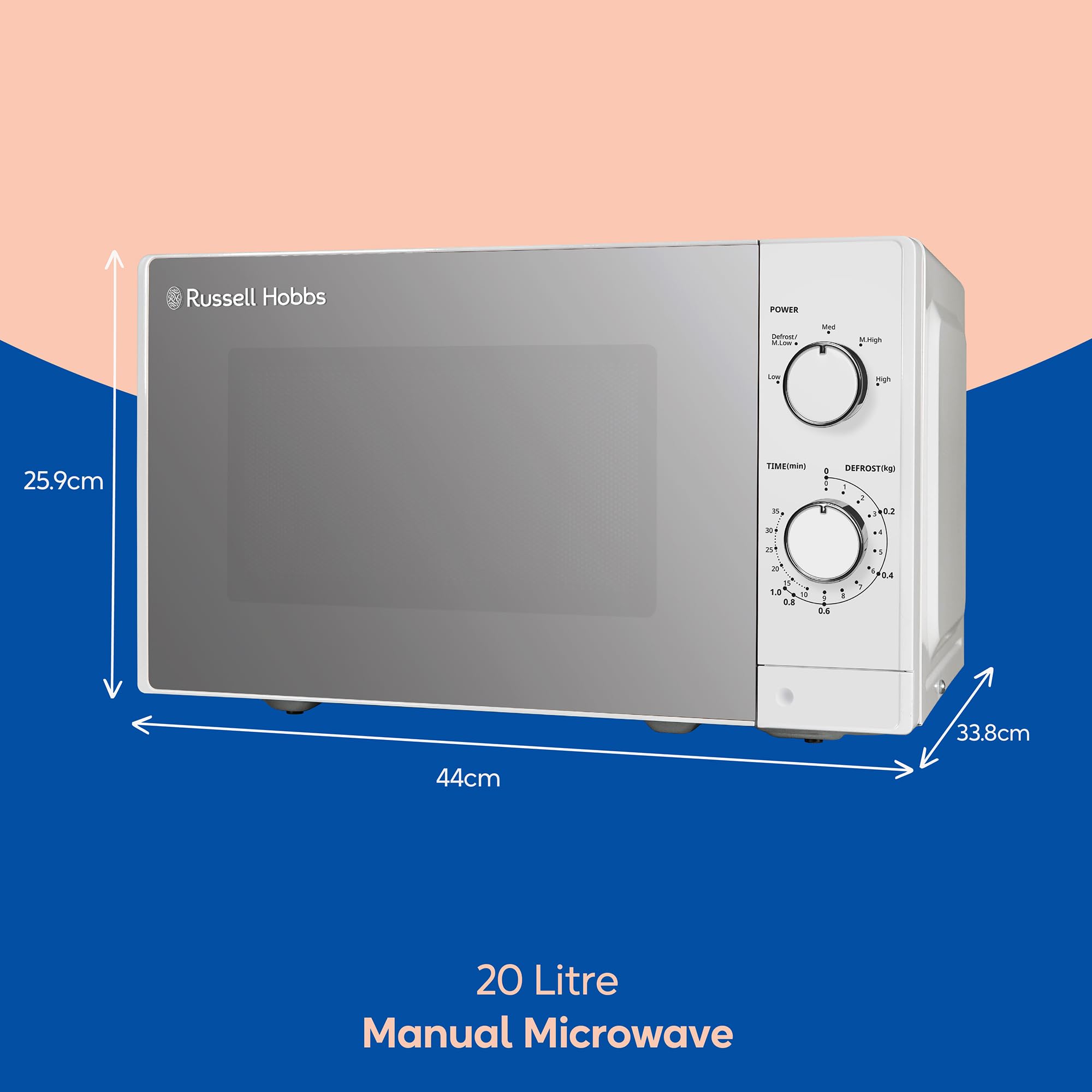 Russell Hobbs 20L 800W White Manual Microwave Oven - 5 Power Levels, Timer & Defrost Function, Easy Clean RHM2027 - Perfect for Small Kitchens, Dorms & Office Break Rooms
