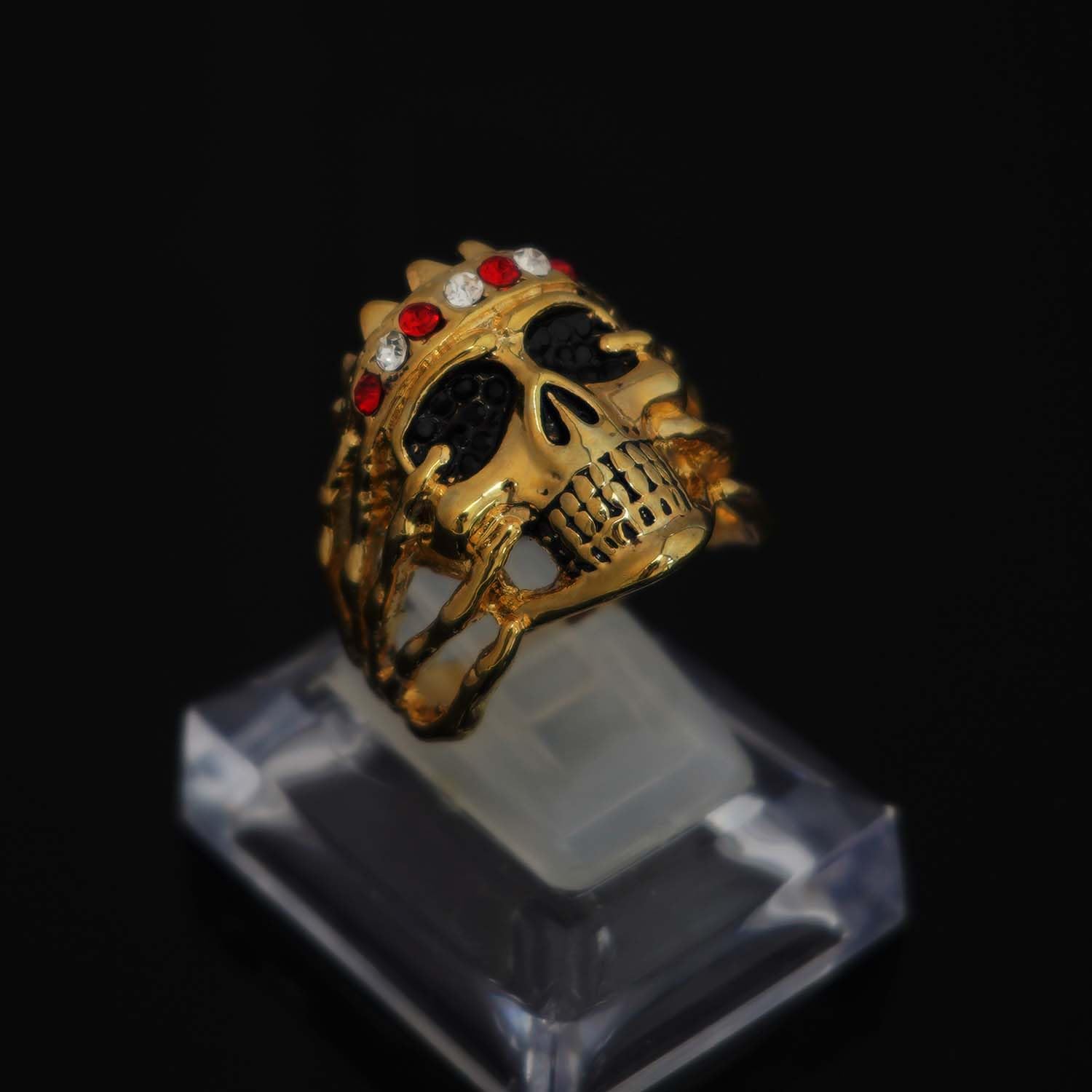 Men's Gothic Skull Head Ring with CZ Crown - Punk Jewelry for Halloween, Biker, Cocktail Party & Vintage Style - Black Eye Skull King Ring for Men