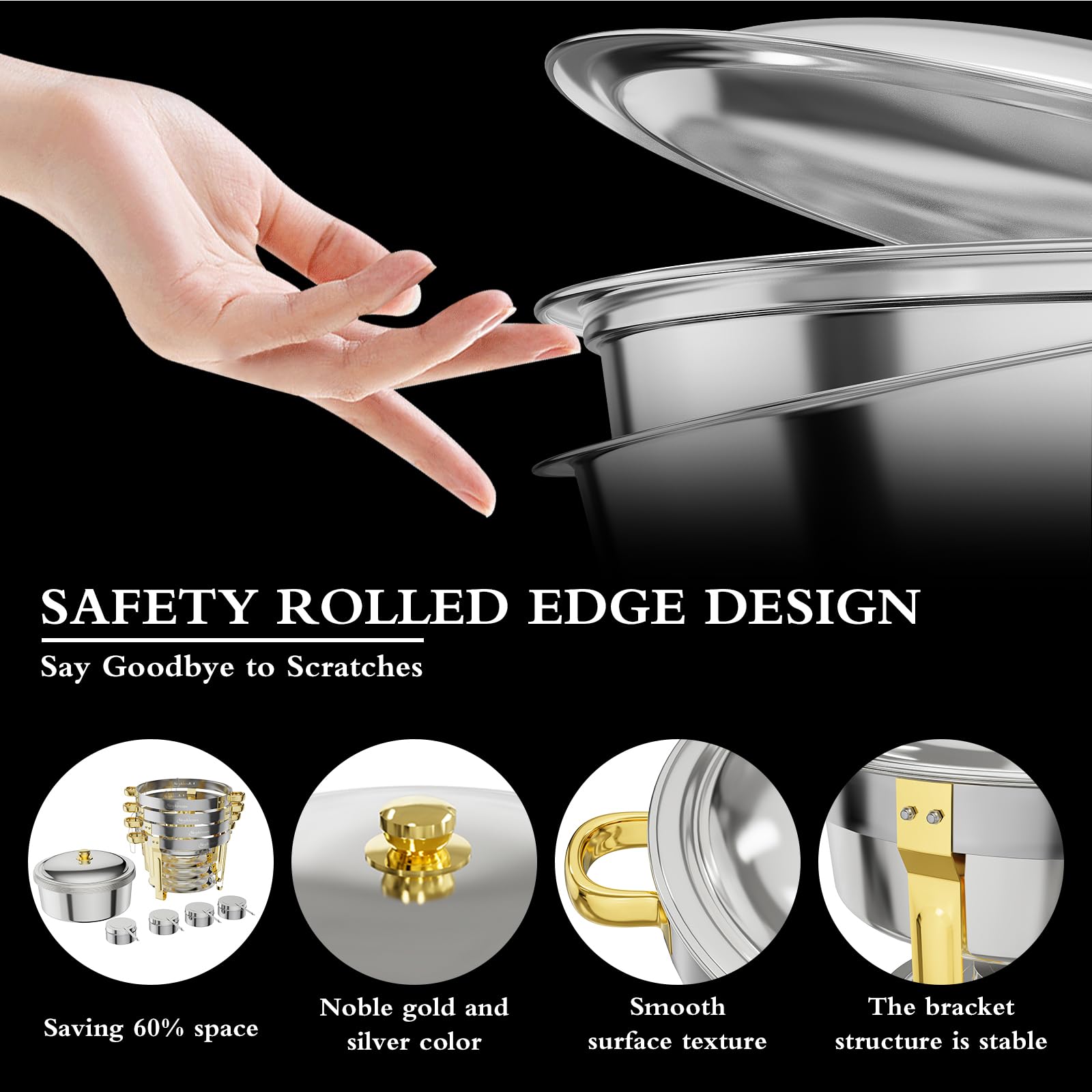 4-Pack 6QT Round Stainless Steel Chafing Dishes for Buffet - Elegant Gold & Silver Serving Set for Catering, Weddings, Parties & Events | Keep Food Warm at Receptions, Banquets & Buffet Lines