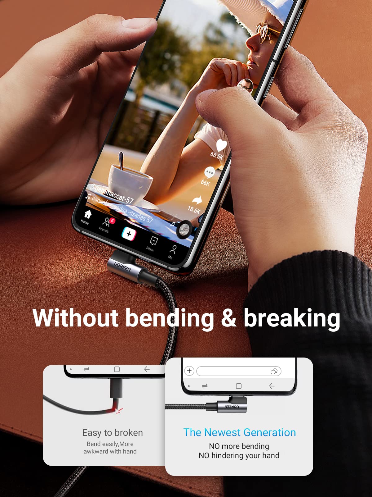 UGREEN 90 Degree Right Angle USB A to USB C Cable 3A Fast Charging Cable (6.6ft/2M) - Compatible with iPhone 16/15, Samsung Galaxy S24/S23 Ultra, Xiaomi 13, Google Pixel 7/6, Huawei P60/P50 Pro, Nintendo Switch & PS5 - Perfect for Gaming, Travel & Home Charging