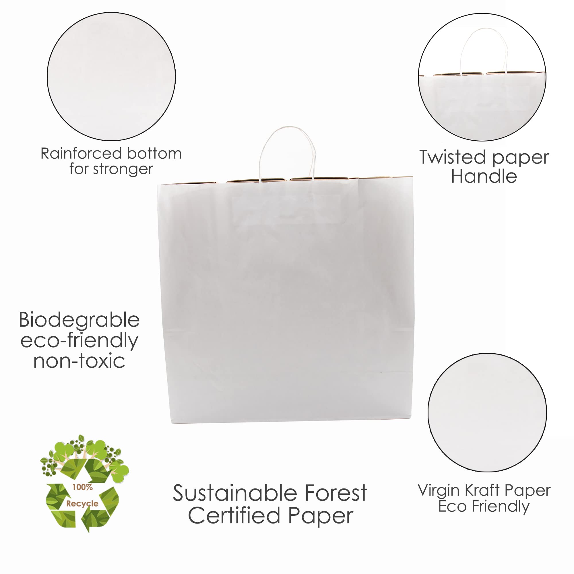 JET PAPER BAGS - 18x7x18 Inch Large White Kraft Paper Bags with Handles (100 Pack) - Eco-Friendly Recyclable Gift Bags for Takeout, Grocery, Retail, Parties, Weddings & Gifts | Perfect for Shopping, Gift Wrapping & Event Favors