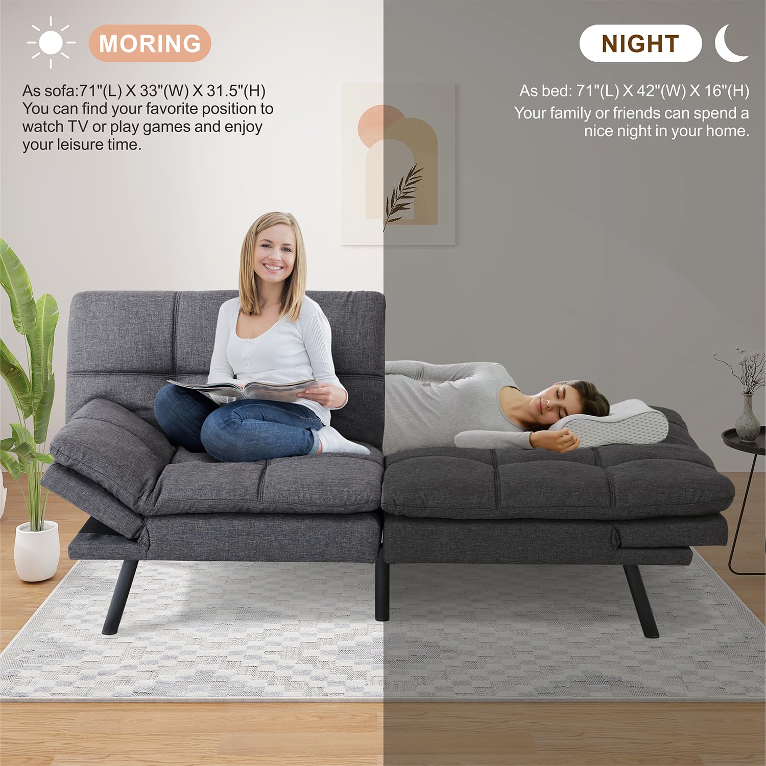 MUUEGM Convertible Futon Sofa Bed with Memory Foam - Modern Sleeper Loveseat for Small Spaces, Apartments & Living Rooms - Easy Assembly, Grey | Perfect for Guest Rooms, Studio Apartments & Cozy Lounging