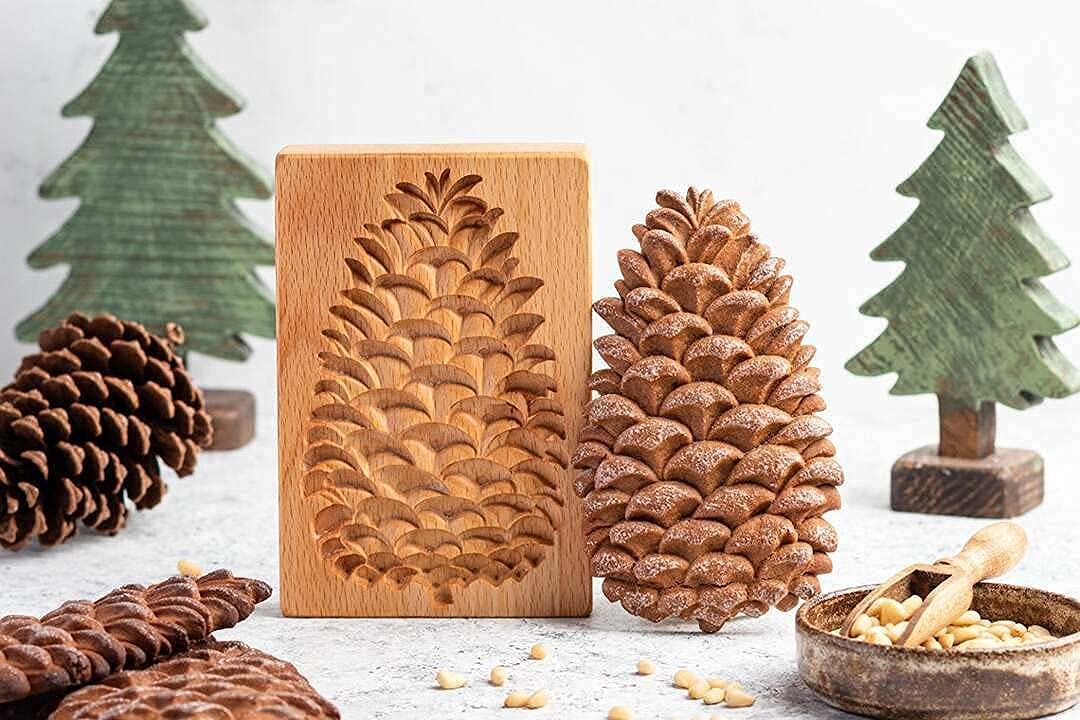Wooden Cookie Cutter Set - Pinecone & Provence Rose Embossing Mold for Gingerbread, Biscuits | Baking Tool for Holiday Cookies, DIY Crafts & Home Decor | Christmas Baking, Wedding Favors, Gift Making
