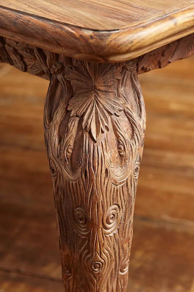 Hand Carved Brown Wooden Menagerie Dining Table Set - Rustic Farmhouse Style for Family Gatherings & Dinner Parties
