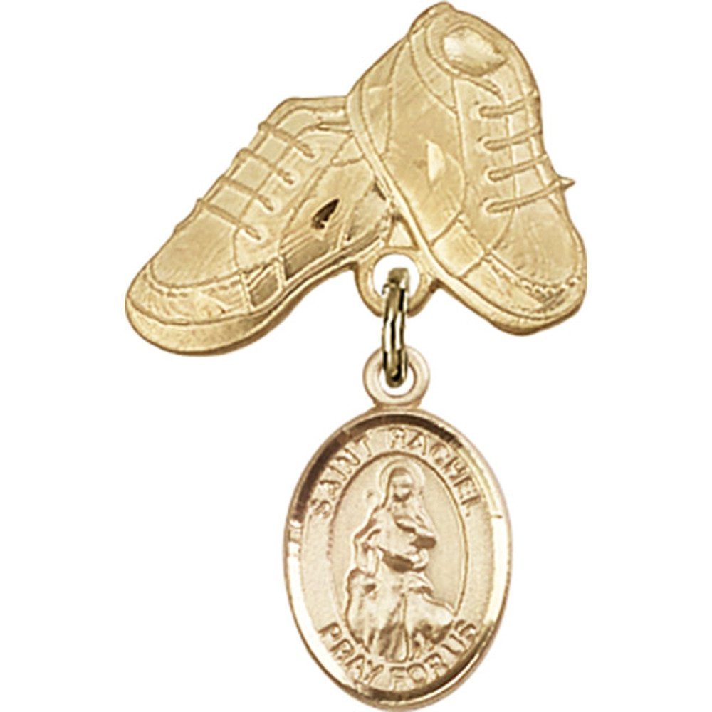 Bonyak Gold Filled St. Rachel Medal Charm with Baby Boots Pin - 1 X 5/8 Inch Religious Jewelry for Baptism, Christening & First Communion Gifts