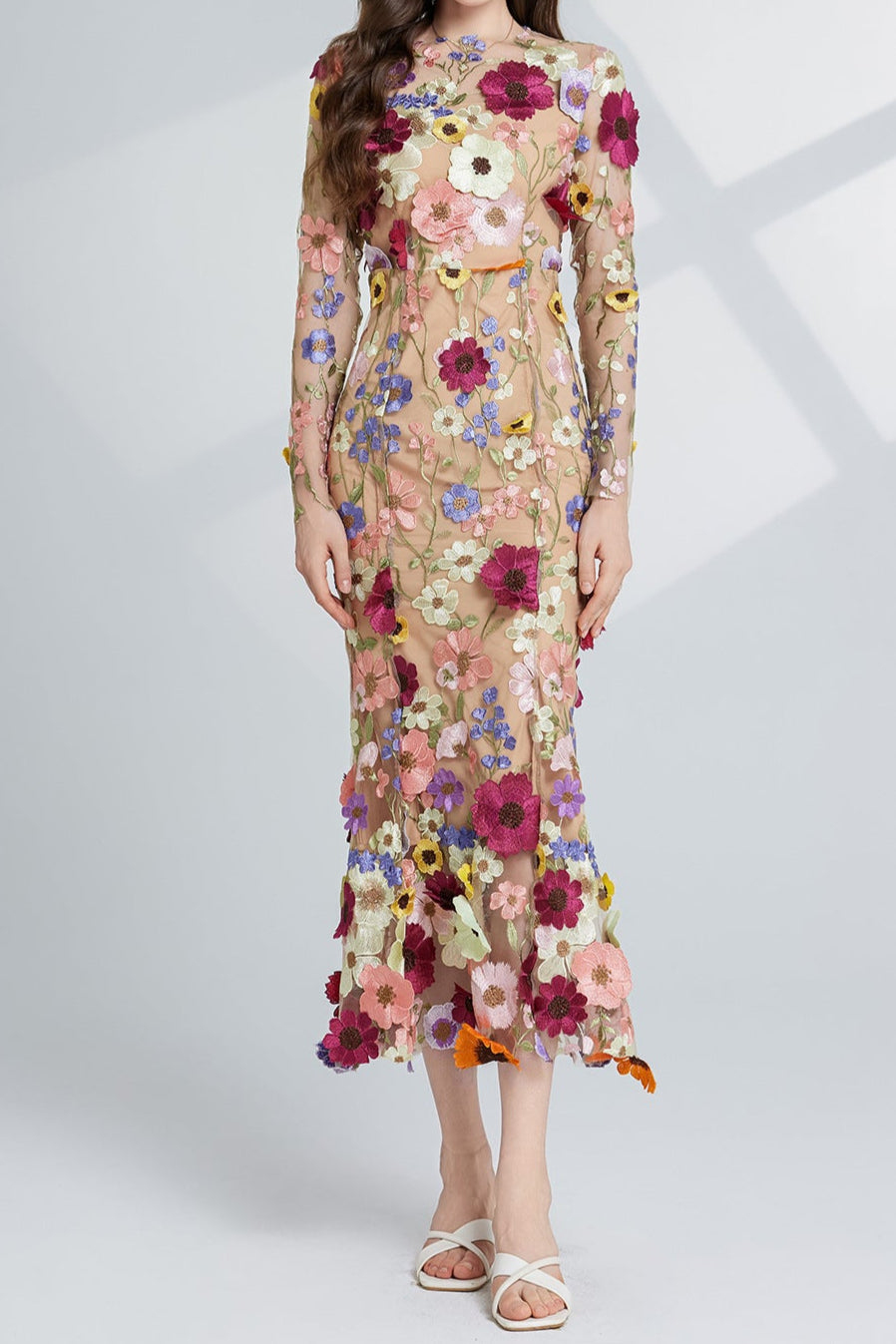 CAROL Brown Floral Embroidered Mesh Long Sleeve Midi Dress for Women - Elegant Party, Wedding Guest & Spring Occasion Wear