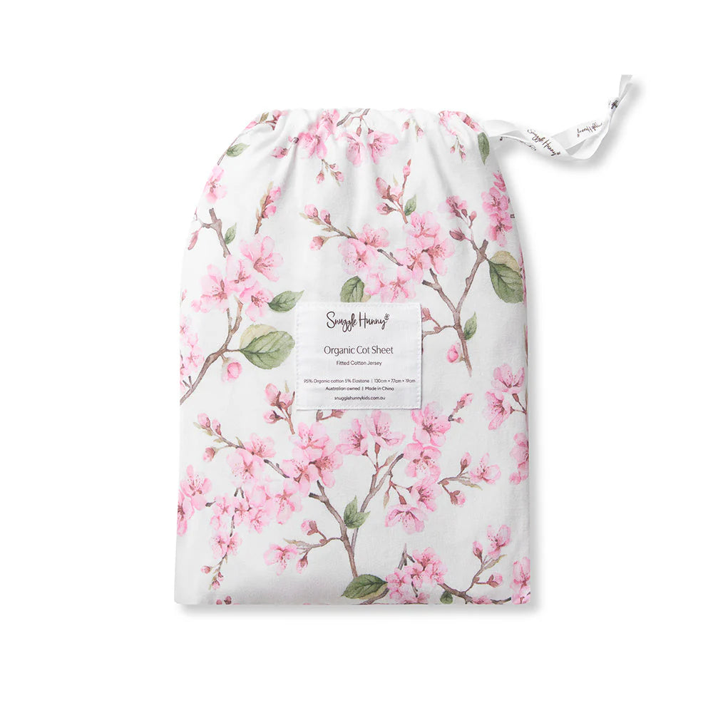 Organic Fitted Jersey Cotton Crib Sheet - Snuggle Hunny Soft Baby Bedding for Nursery, Cherry Blossom Design | Perfect for Newborns, Toddlers & Daycare Use