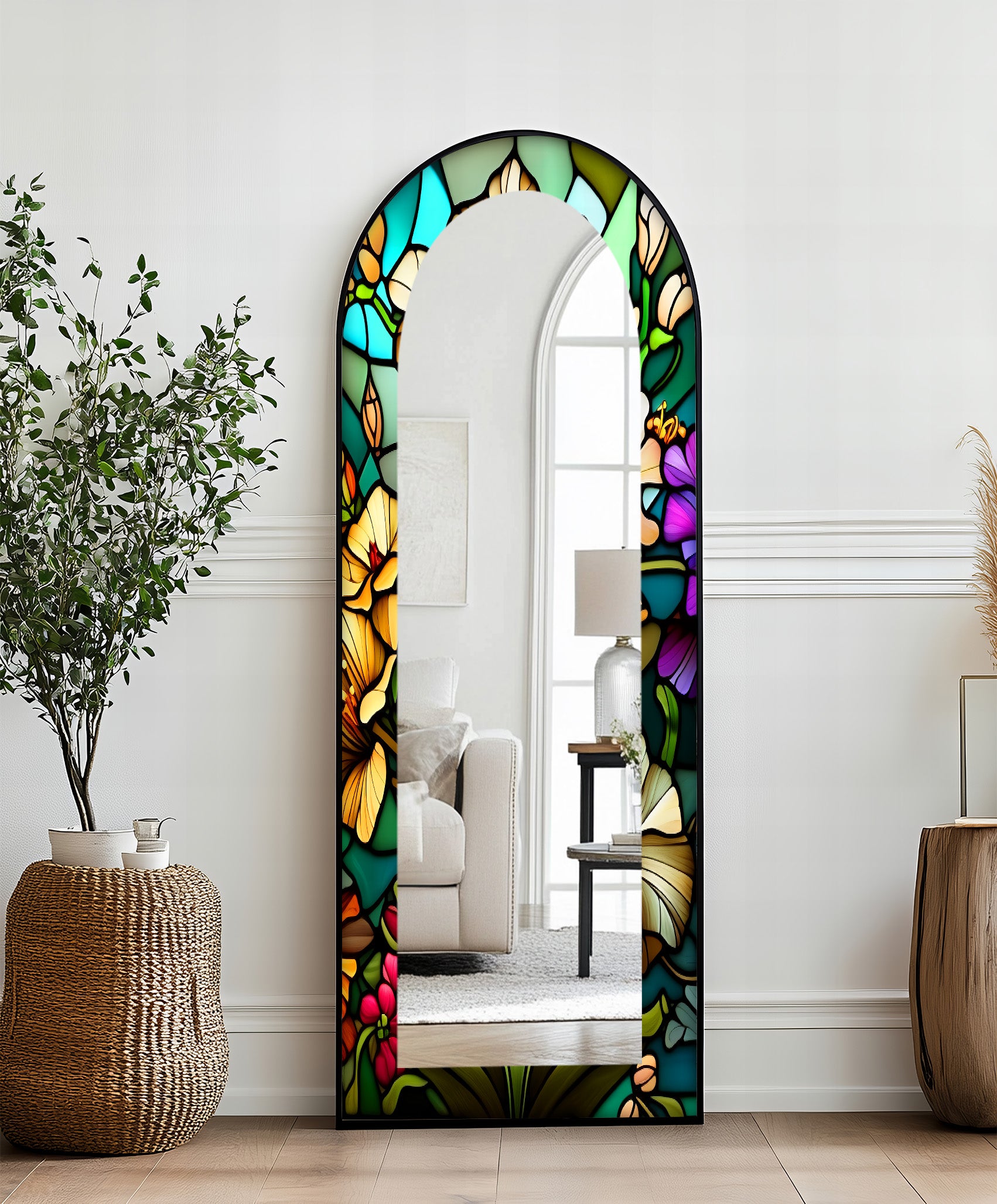 Vibrant Arched Stained Glass Floor Mirror - Elegant Home Decor for Bedroom, Living Room & Entryway