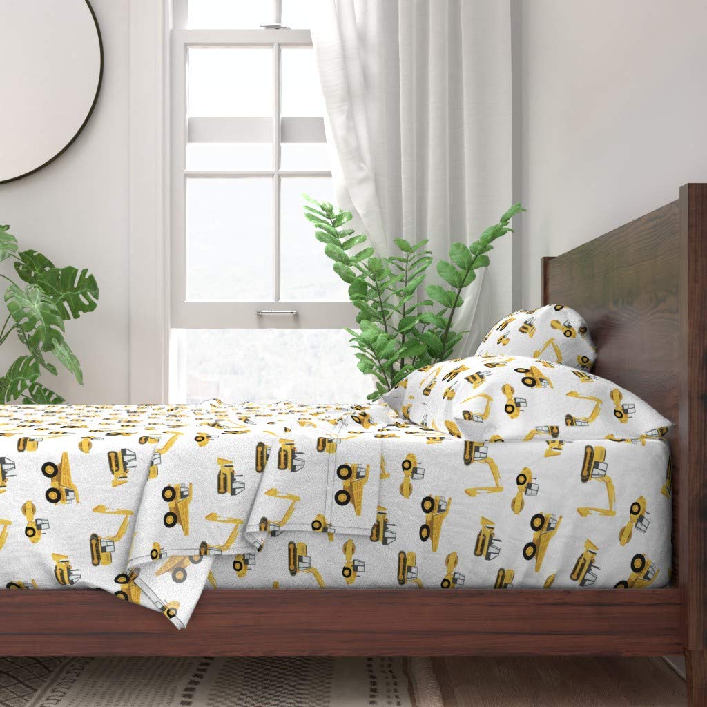 100% Cotton Twin Sheet Set 3pc - Large Trucks Yellow White Construction Truck Print | Soft & Breathable Nursery Bedding for Boys | Perfect for Kids' Rooms, Daycare & Baby Gifts