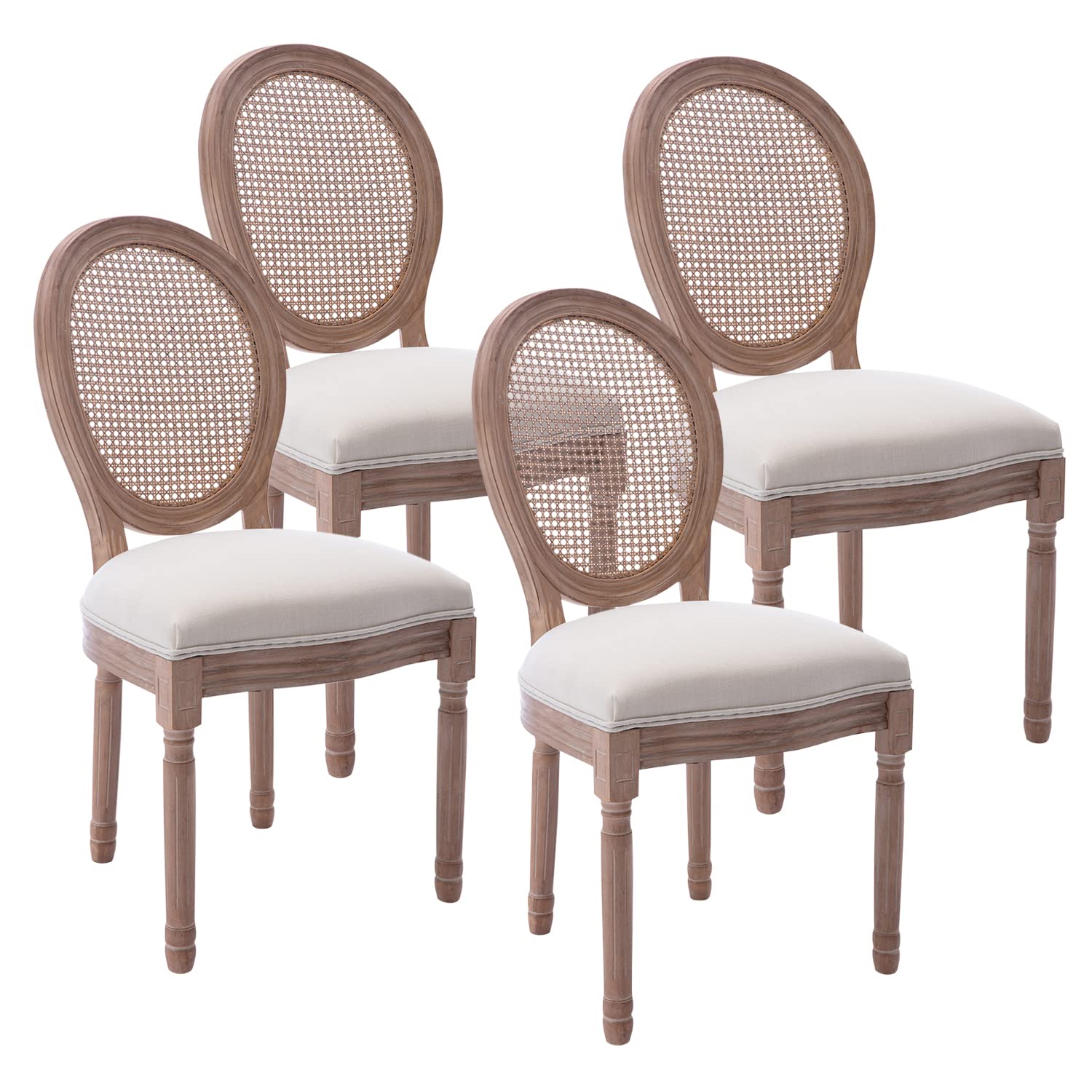 Kiztir French Country Dining Chairs Set of 4 - Farmhouse Style Upholstered Rattan Chairs with Round Backrest & Solid Wood Legs for Dining Room, Kitchen, Bedroom, Restaurant - Perfect for Farmhouse Decor, Casual Dining, and Entertaining Guests