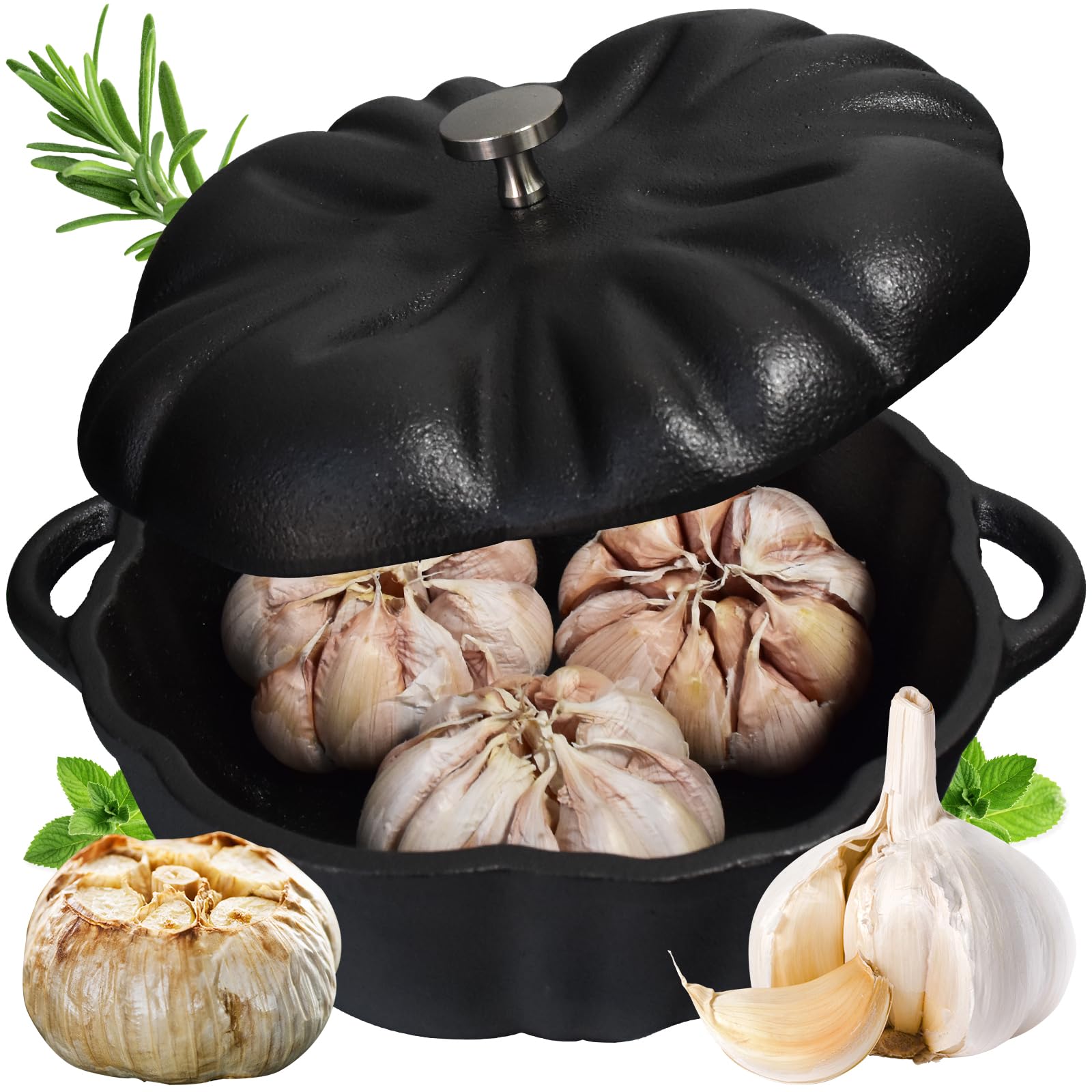 Cast Iron Garlic Roaster for Kitchen, Oven, Grill - Indoor & Outdoor Garlic Baker Tool for BBQ, Picnic, Camping, Patio & Backyard Cooking - Perfect for Roasting Garlic Cloves with Olive Oil