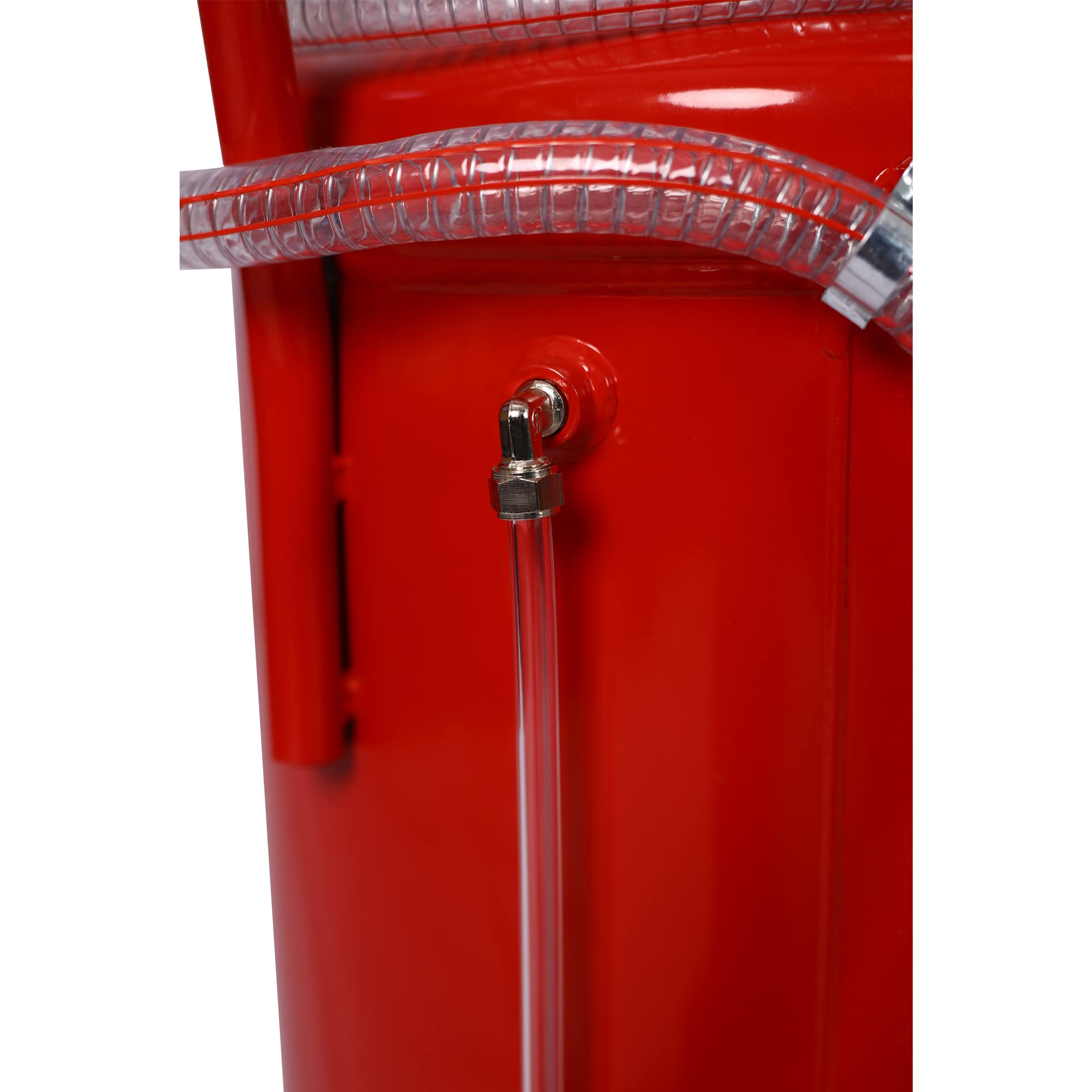 18 Gallon Oil Drain Tank with Hand Pump - Portable Pressurized Air Operated Fluid Drain Container for Car, SUV & Truck Oil Changes - Adjustable Funnel Height & Dolly Wheels (Red) - Perfect for Auto Shops, Home Garages & Quick Lube Stations