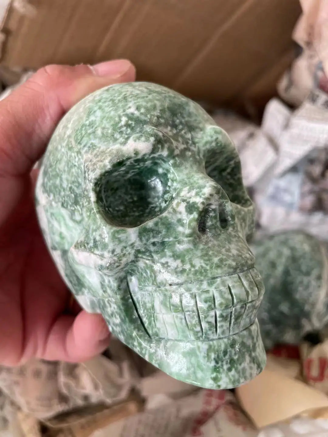 African Green Skull Statuettes - Hand-Carved Natural Stone Sculptures for Home Decor & Mineral Healing | Unique Gothic Art Collection for Meditation, Altar, or Spiritual Spaces