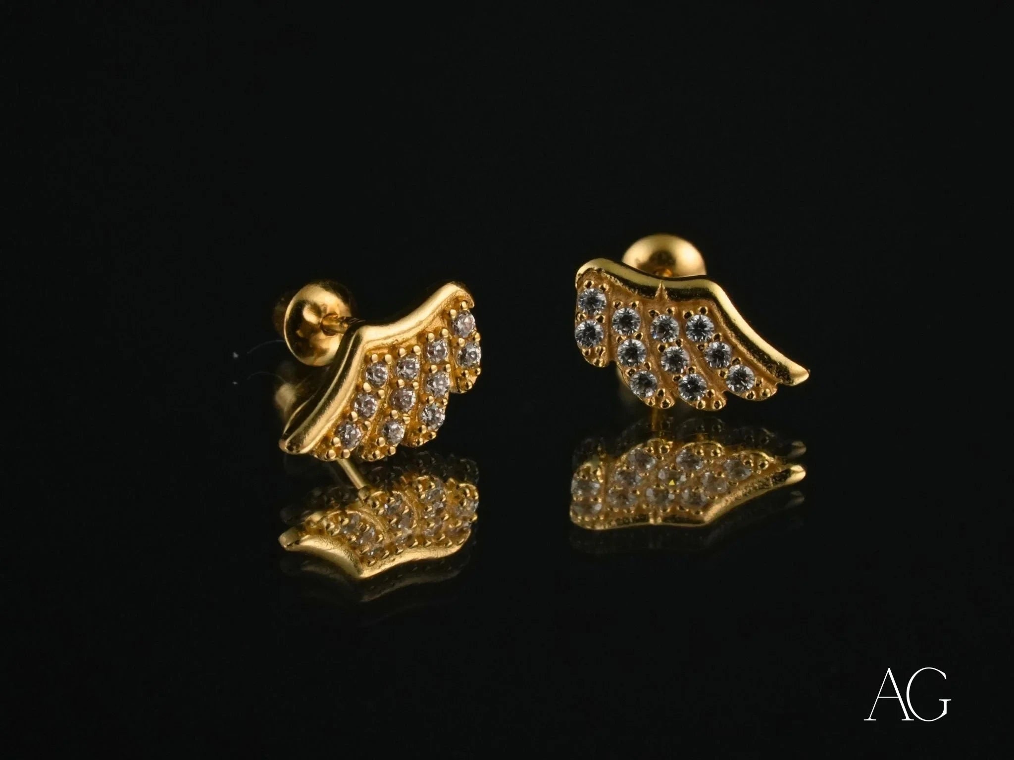 18k Gold CZ Angel Wing Earrings for Women - Elegant Winged Stud Earrings for Everyday Wear, Gift Giving & Special Occasions