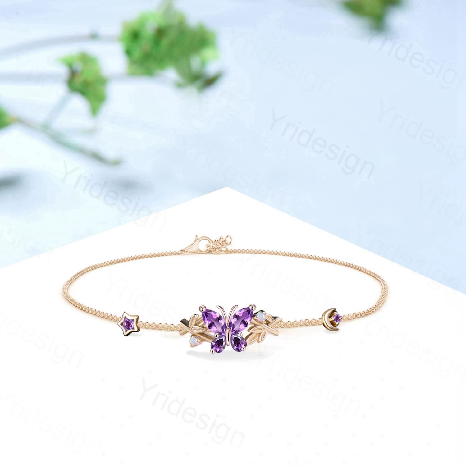 Elegant Butterfly Bracelet with Opal & Leaf Vine Design - Silver & Gold Moon Star Jewelry - Art Deco Lobster Claw Clasp - Perfect for Anniversary Gifts & Boho Fashion