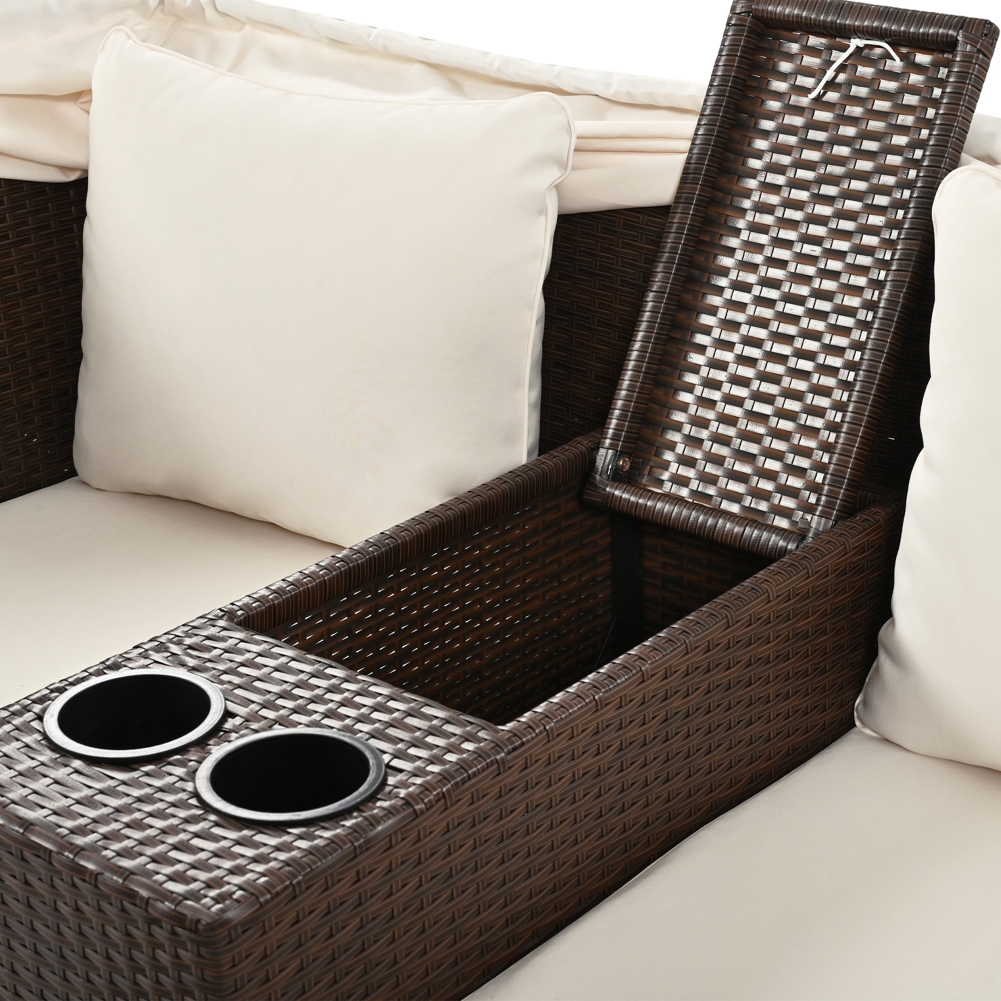 2 Seater Outdoor Patio Daybed with Foldable Awning & Cushions - Double Loveseat Sofa Set for Garden, Balcony, Poolside - Perfect for Relaxing, Sunbathing & Outdoor Lounging (Beige)