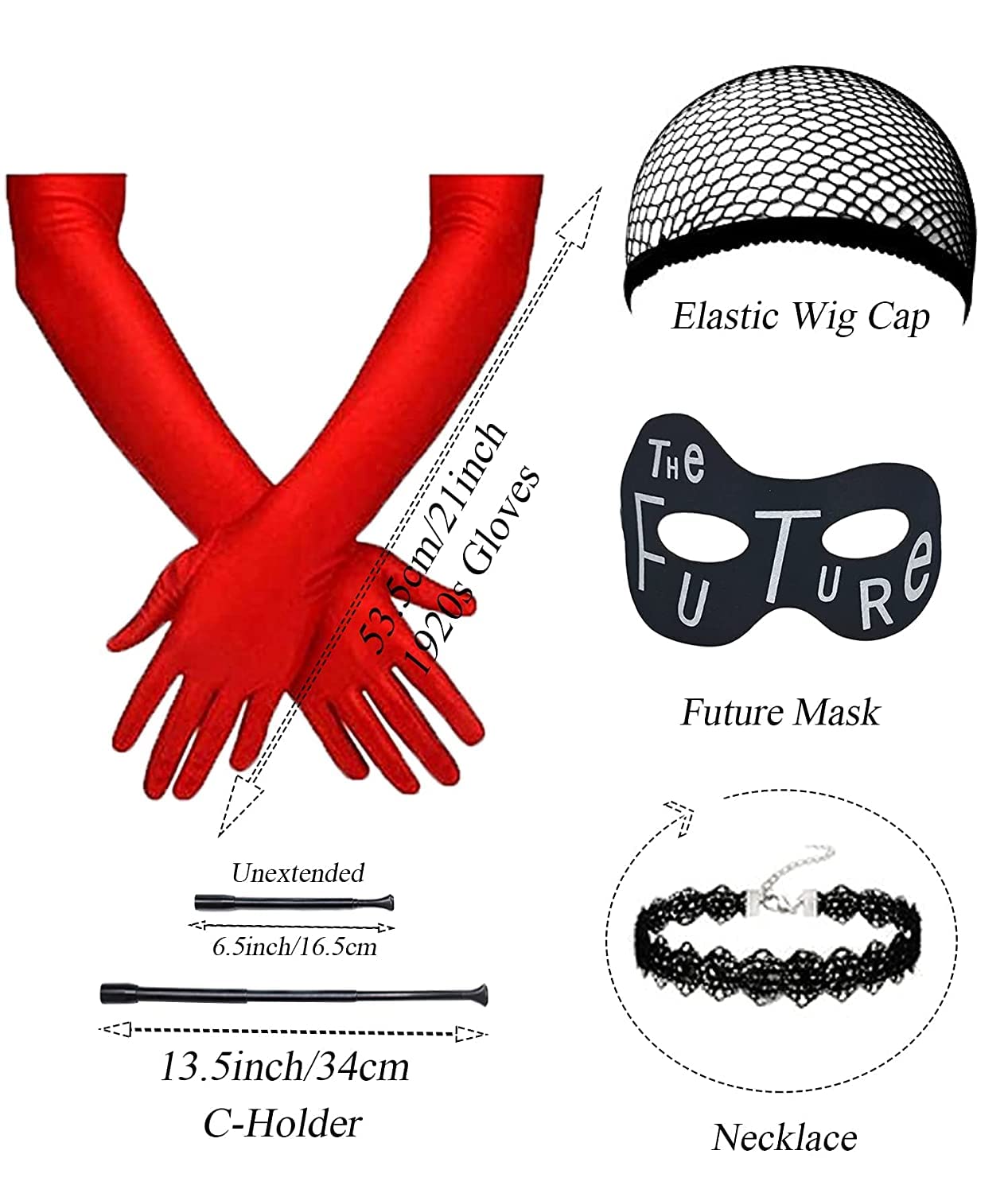 Cruella De Vil Costume Wig Set for Women - Short Black & White Cosplay Wig with Gloves, Wig Cap, Mask, Holder & Necklace | Perfect for Halloween, Carnival, Cosplay Parties & Fancy Dress Costumes