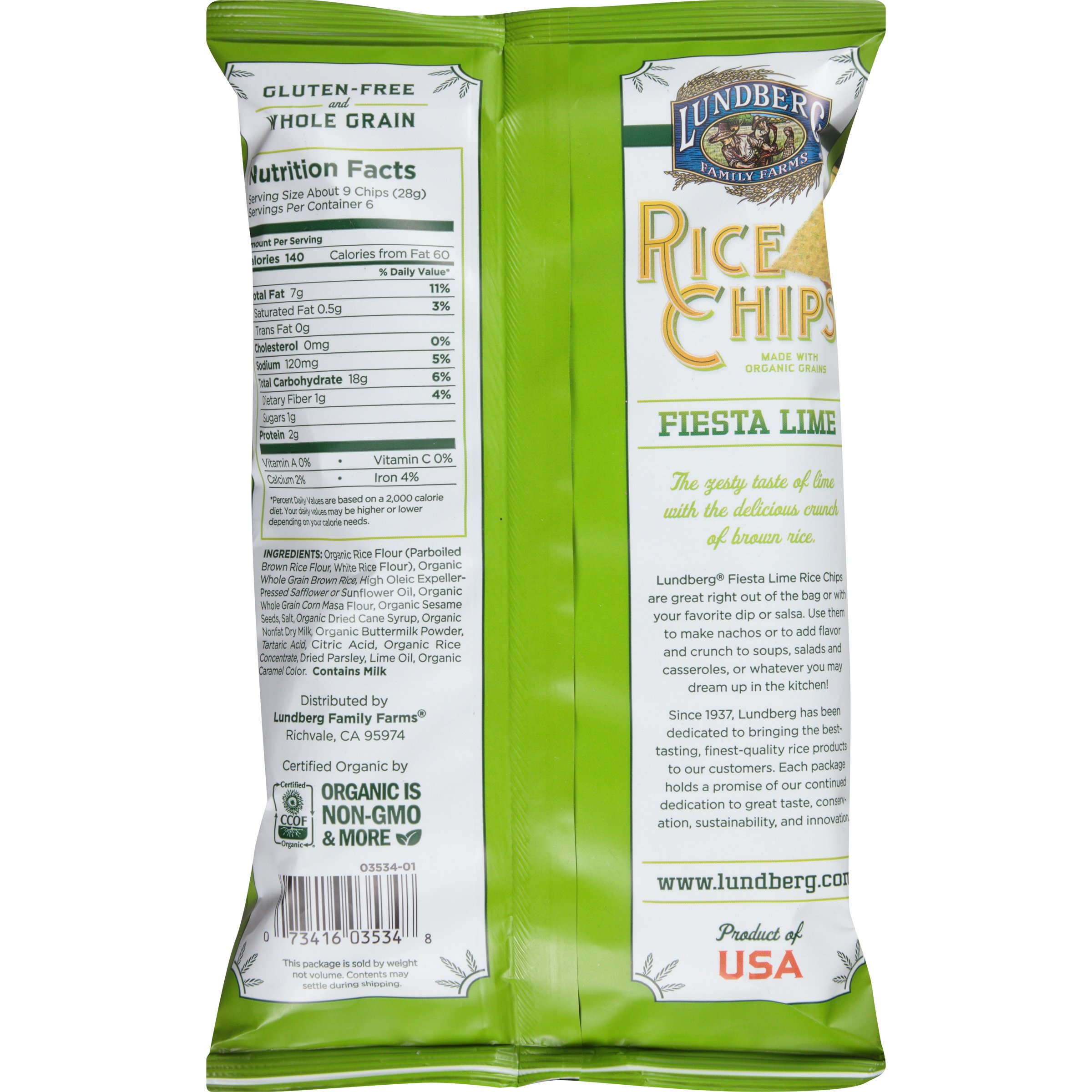 Lundberg Family Farms Fiesta Lime Rice Chips - Gluten Free, Non-GMO, Vegan Snacks - 6 Oz (Pack of 12) - Perfect for Parties, Picnics & Healthy On-the-Go Snacking