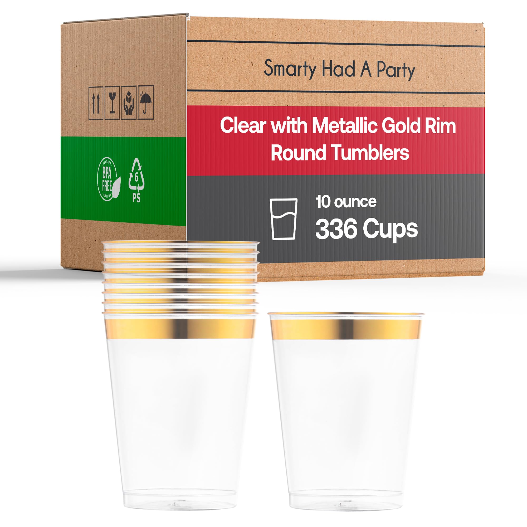 Smarty Had A Party 10 oz Clear Disposable Plastic Tumblers - Pack of 336 Elegant Gold Trim Cups for Cocktails, Iced Coffee, Smoothies, Parties & Events - Perfect for Weddings, Baby Showers & Office Gatherings