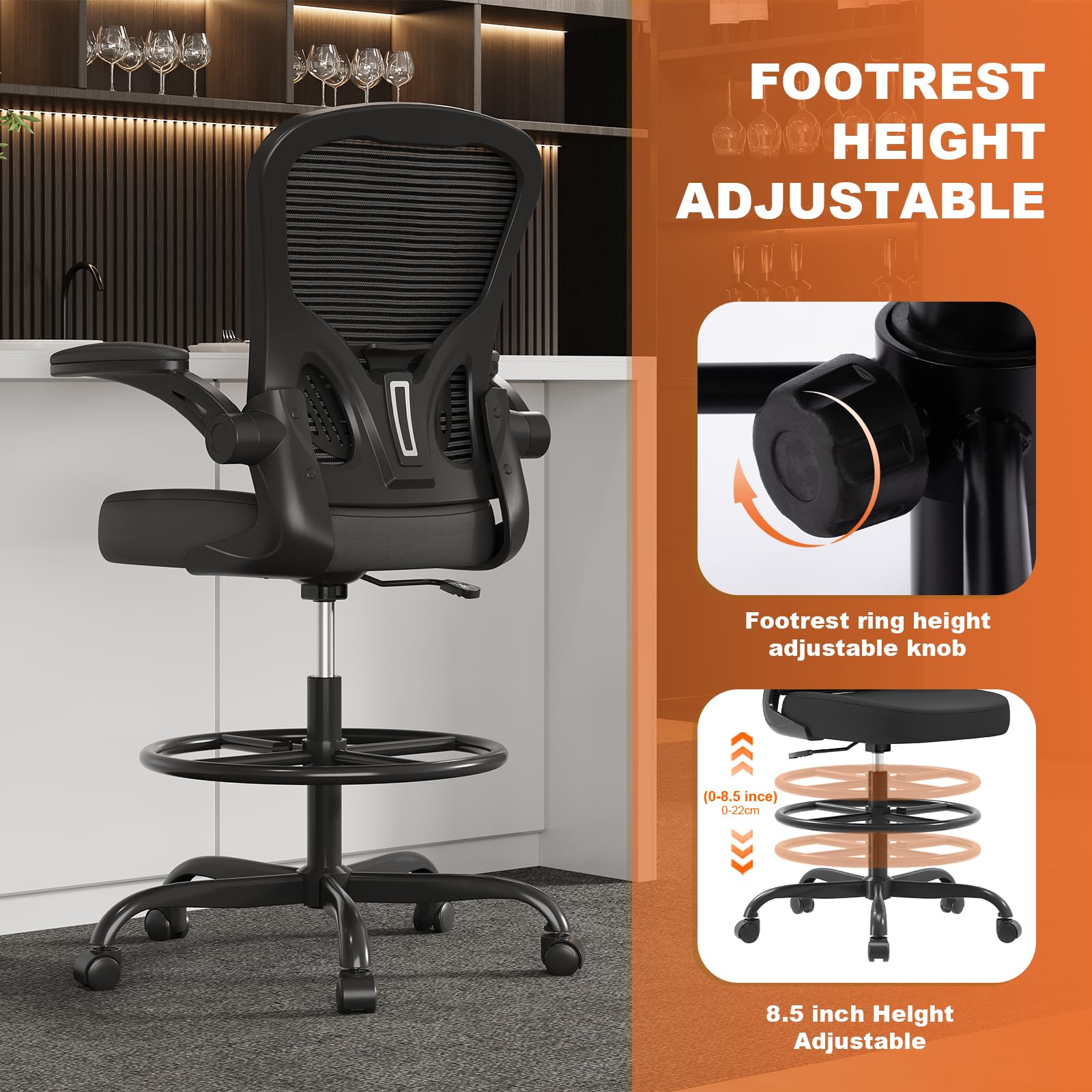 Synorla Ergonomic Drafting Chair - Adjustable Height Office Chair with Flip-Up Armrests, Breathable Mesh Back & Lumbar Support, Footrest Ring for Standing Desks - Perfect for Home Office, Studio & Architectural Workstations