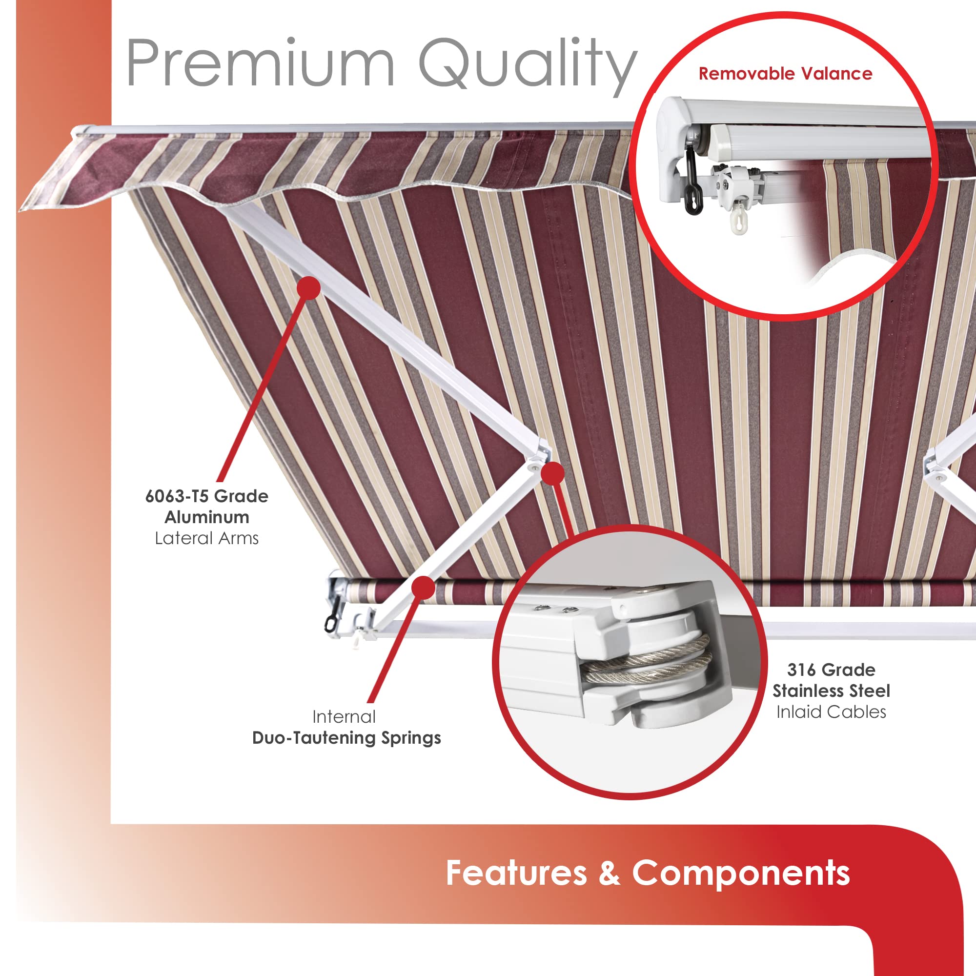 Premium Manual Retractable Patio Awning - 8' x 6' Brick Red & Sand Beige Stripes | 100% Solution Dyed European Acrylic | UV Protection & Easy Hand Crank | Perfect for Outdoor Shade, Deck, Garden & Backyard Relaxation