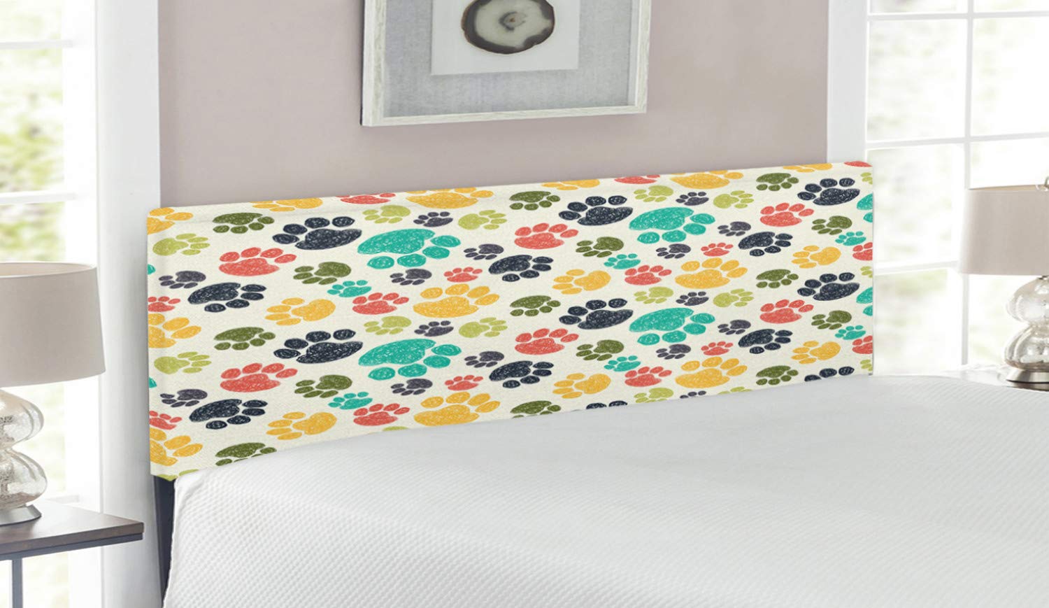 Ambesonne Dog Lover Headboard - Hand Drawn Paw Print Doodles Circular Pattern Upholstered Metal Bed Headboard with Memory Foam, Queen Size, Multicolor - Perfect for Pet Lovers' Bedroom Decor & Dog Themed Home Design