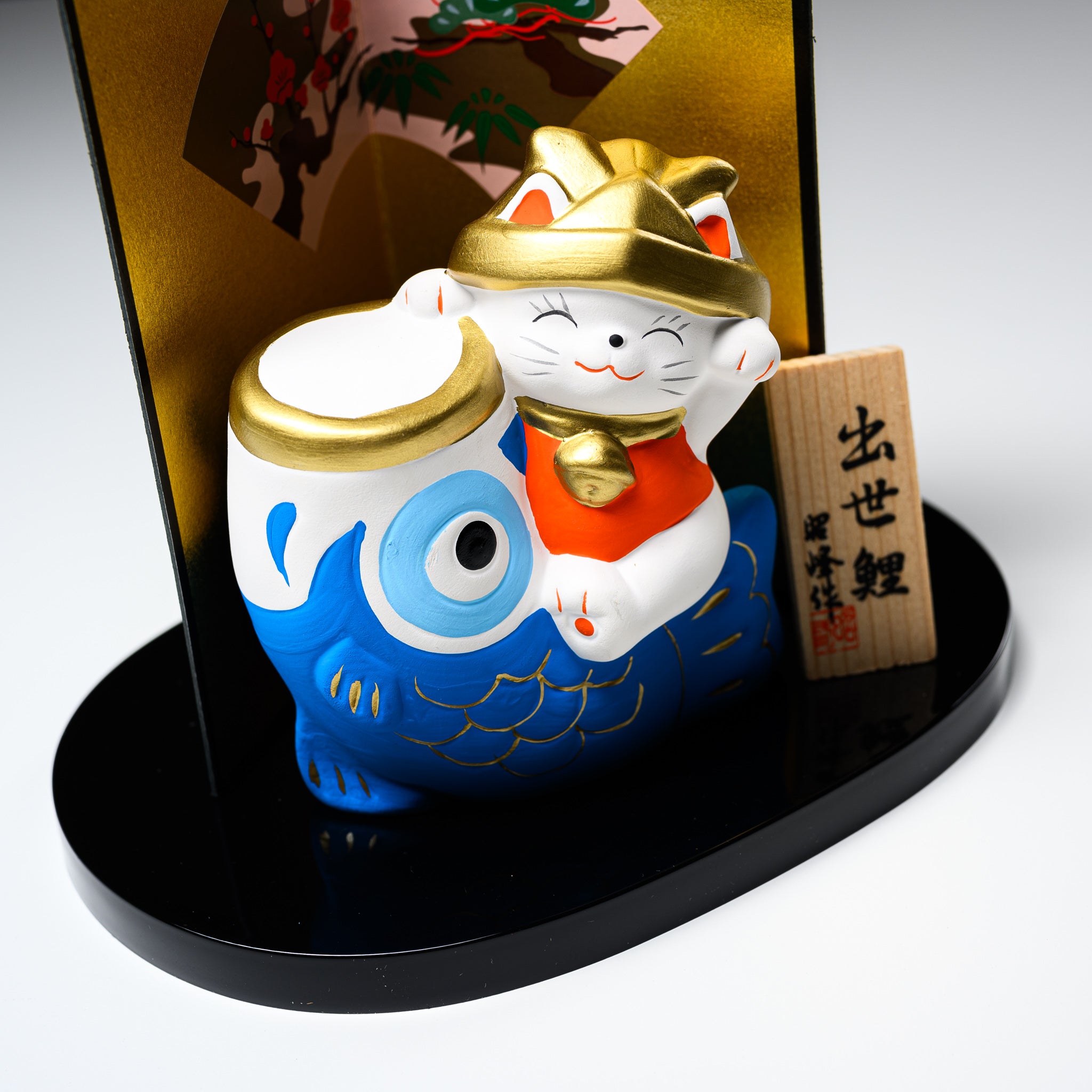 Japanese Seto Ware Lucky Cat with Rising Carp Ornament - Handcrafted Ceramic Fortune Charm for Home & Office Decor | Perfect for Gifts, Feng Shui, and Good Luck