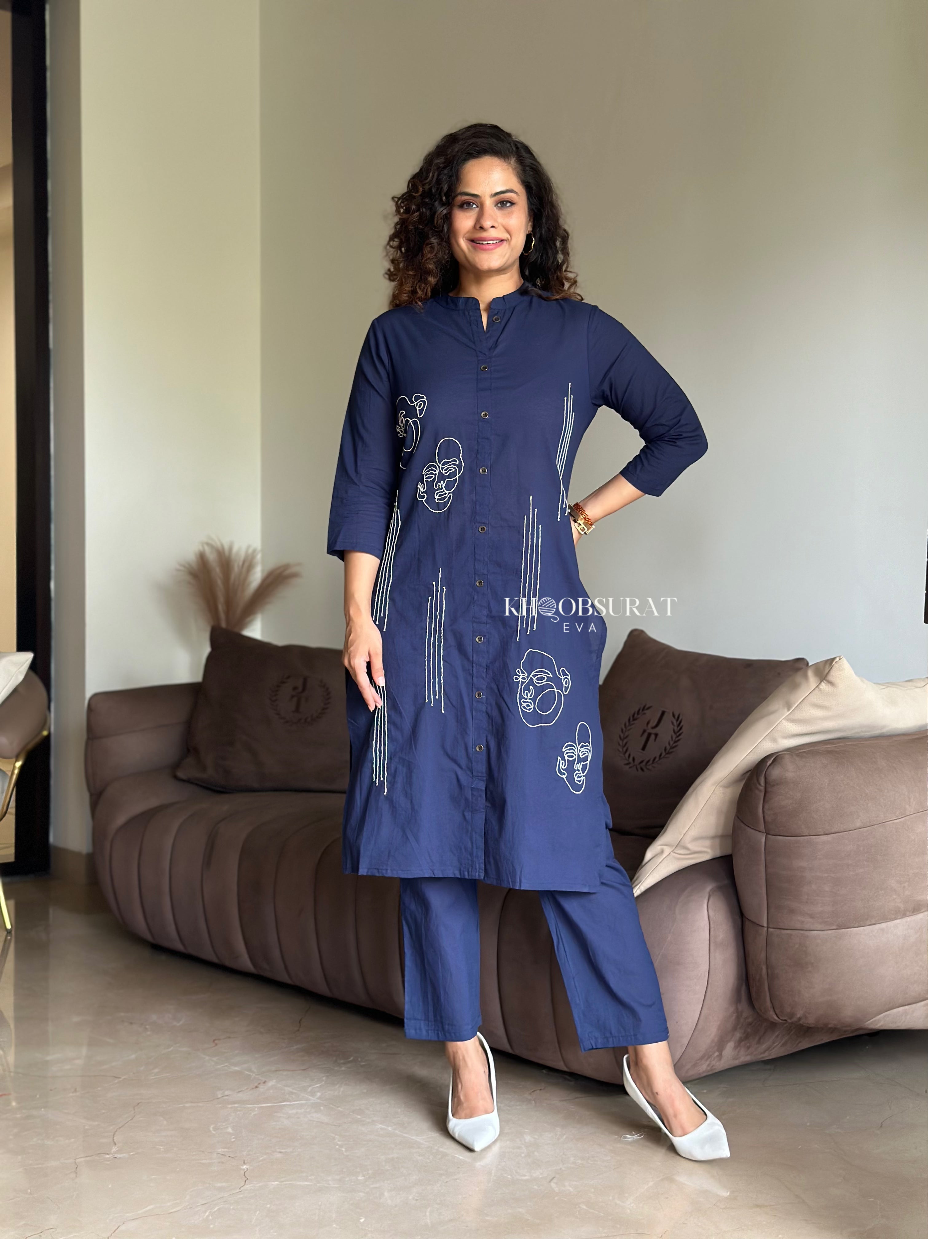 Stylish Blue Cotton Lovebird Kurta Set for Women - Comfortable & Trendy Indian Ethnic Wear for Festivals, Weddings & Casual Outings