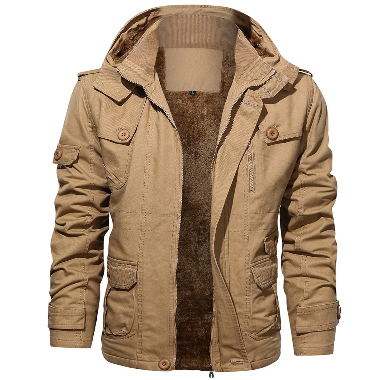 **Makalon Men's Casual Jacket - Solid Color Flight Jacket with Zip Pockets, Stand Collar & Hood | Warm & Soft Winter Coat for Outdoor Activities & Daily Wear**