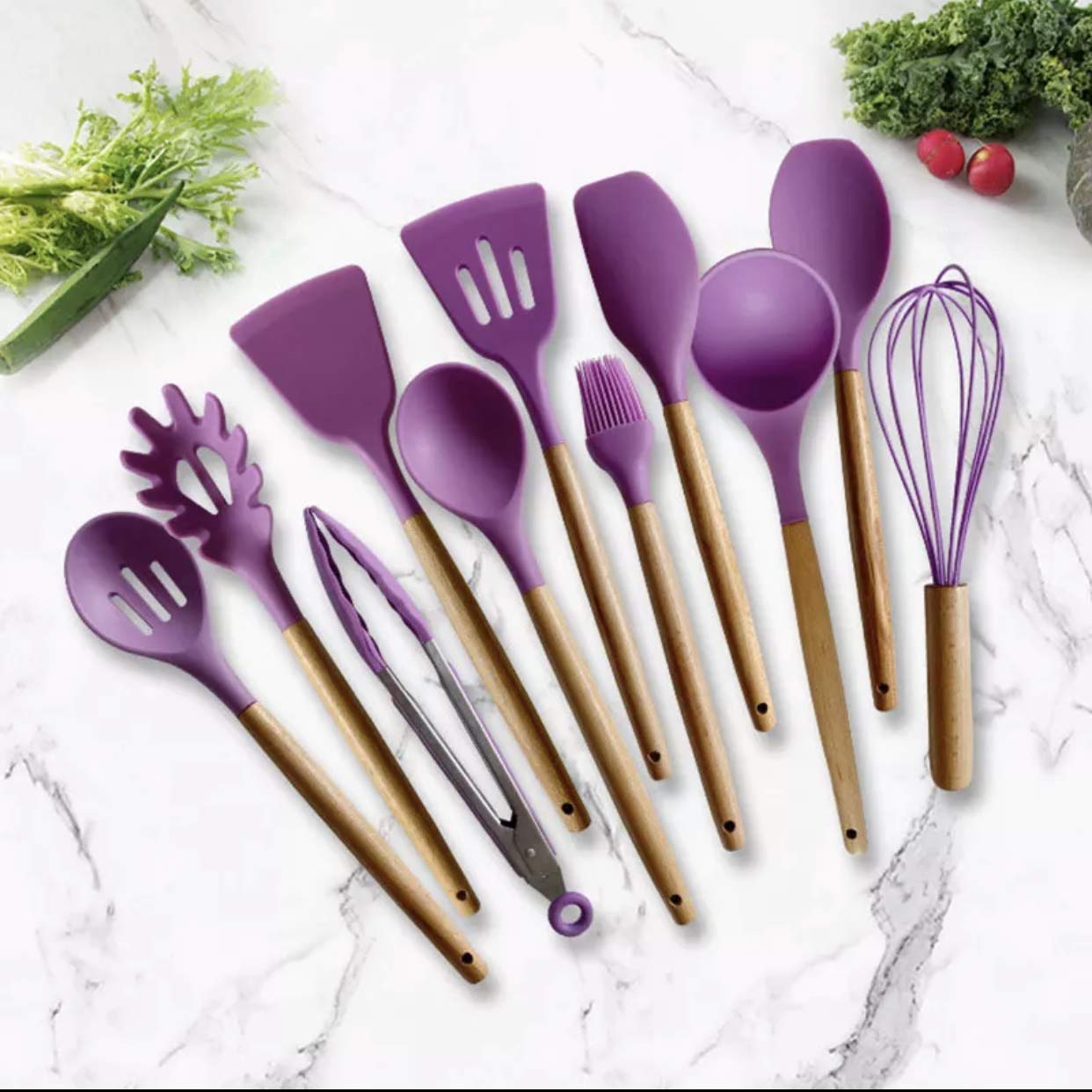 12-Piece Silicone Kitchen Utensil Set with Wooden Handles - Heat Resistant, BPA-Free Cooking Tools (Purple) - Perfect for Baking, Frying & Everyday Meal Prep