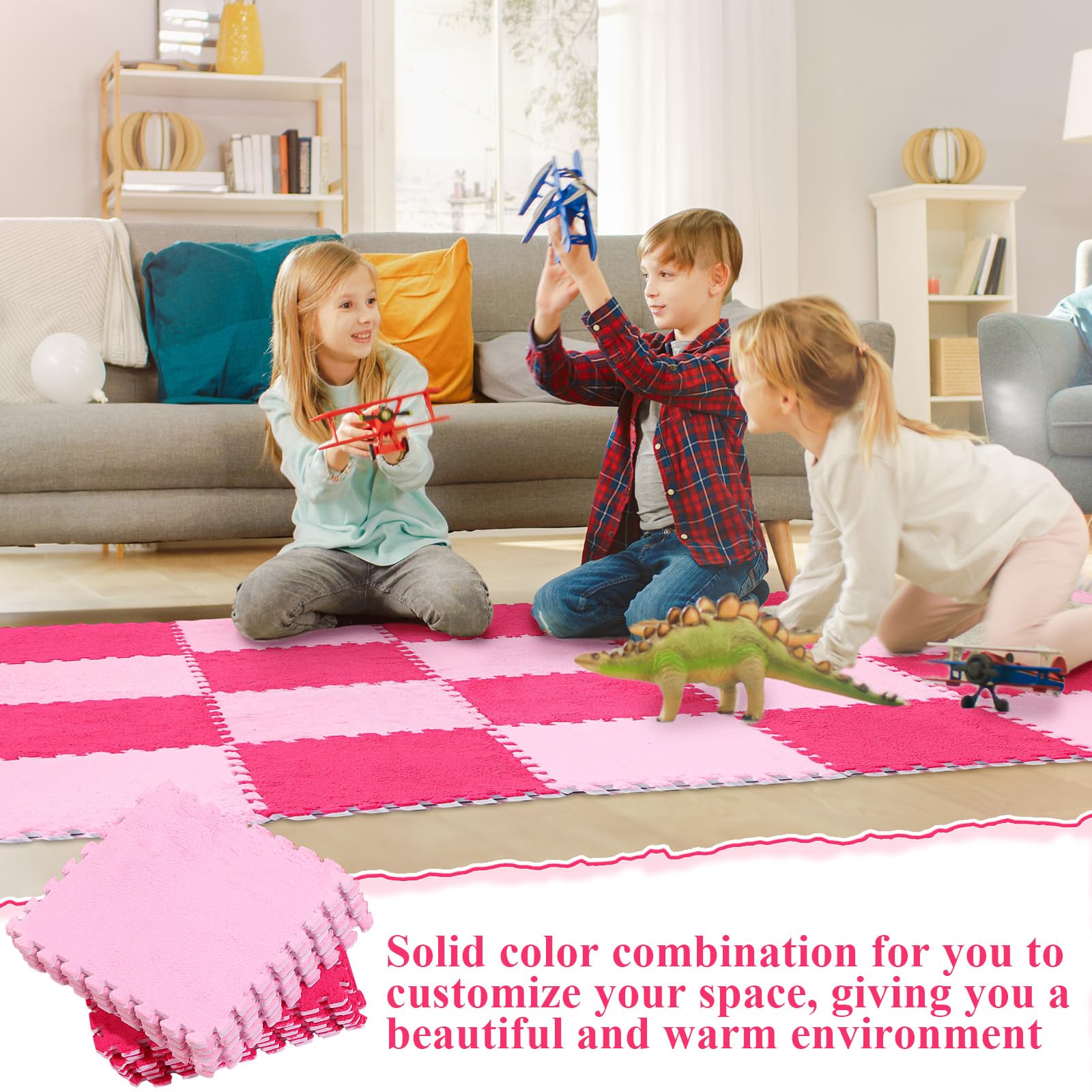 **Ceenna 60-Piece Soft Plush Puzzle Foam Floor Mat - Interlocking Play Mat for Kids, Baby Crawling, Gym & Living Room - Non-Slip, Washable, Durable (Pink & Rose Red) - Perfect for Playrooms, Daycares & Home Decor**