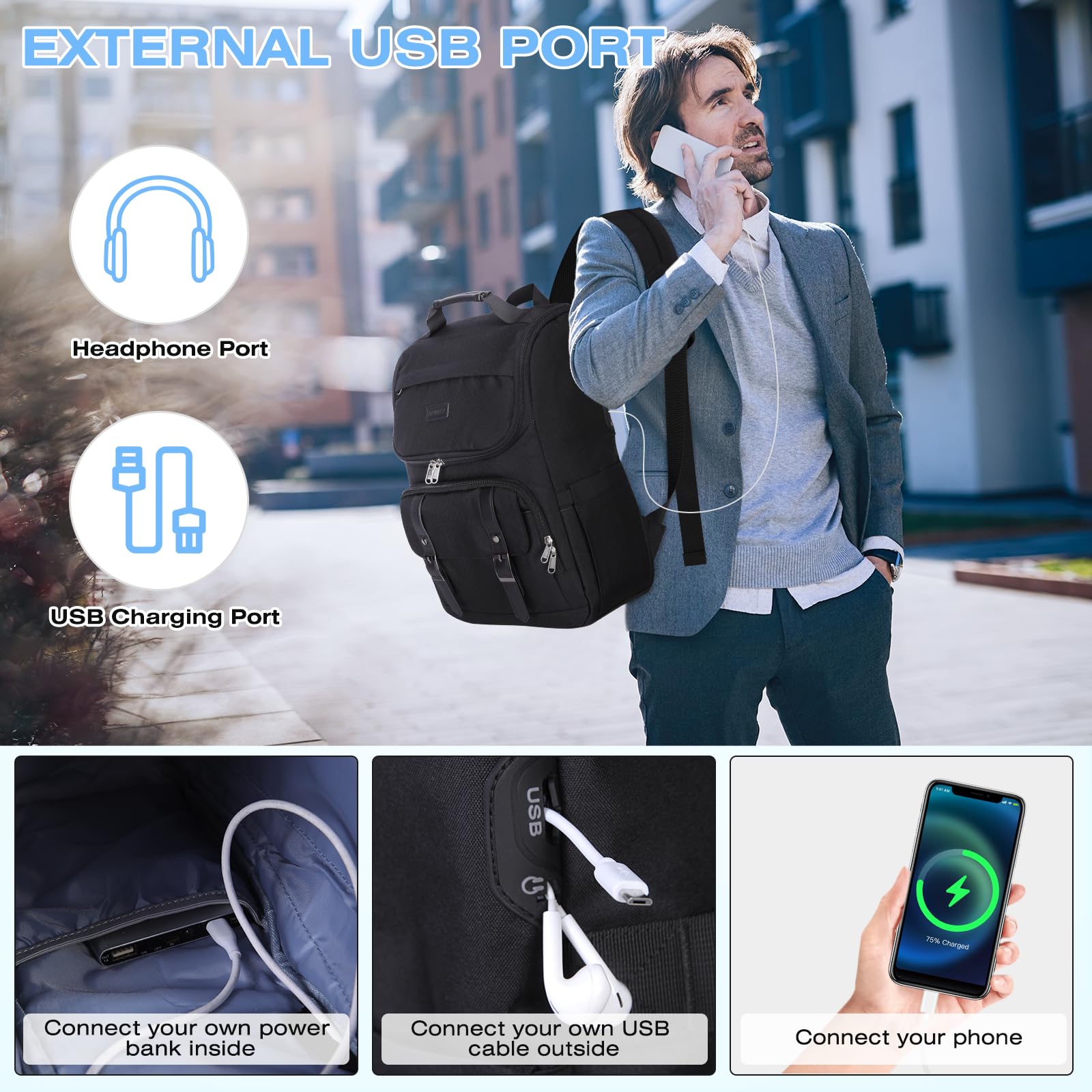 15.6 Inch Waterproof Laptop Backpack for Men & Women - TSA Friendly USB Charging Travel Backpack for Business, Work & College - Durable Carry On Backpack for Daily Commute & Air Travel (Black)