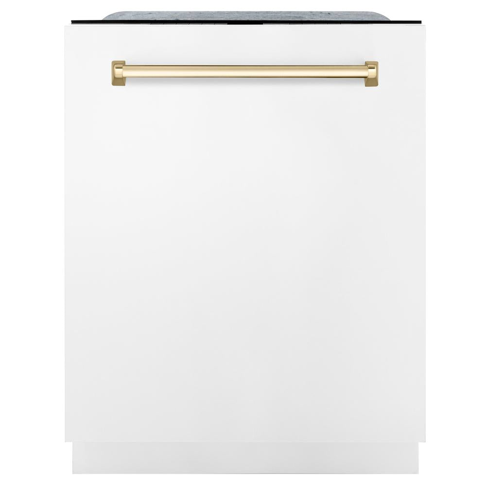 ZLINE Autograph Edition 24 Inch Monument Series 3rd Rack Tall Tub Dishwasher - White Matte with Polished Gold Handle, Ultra Quiet 45dBa (DWMTZ WM 24 G) | Perfect for Modern Kitchens, Open Concept Homes & Luxury Apartments