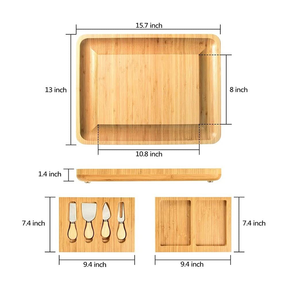 Premium Bamboo Charcuterie Board Set with 4 Stainless Steel Knives - Natural Cheese Serving Platter, Cutting Board & Cheese Tools for Entertaining, Parties & Gifts