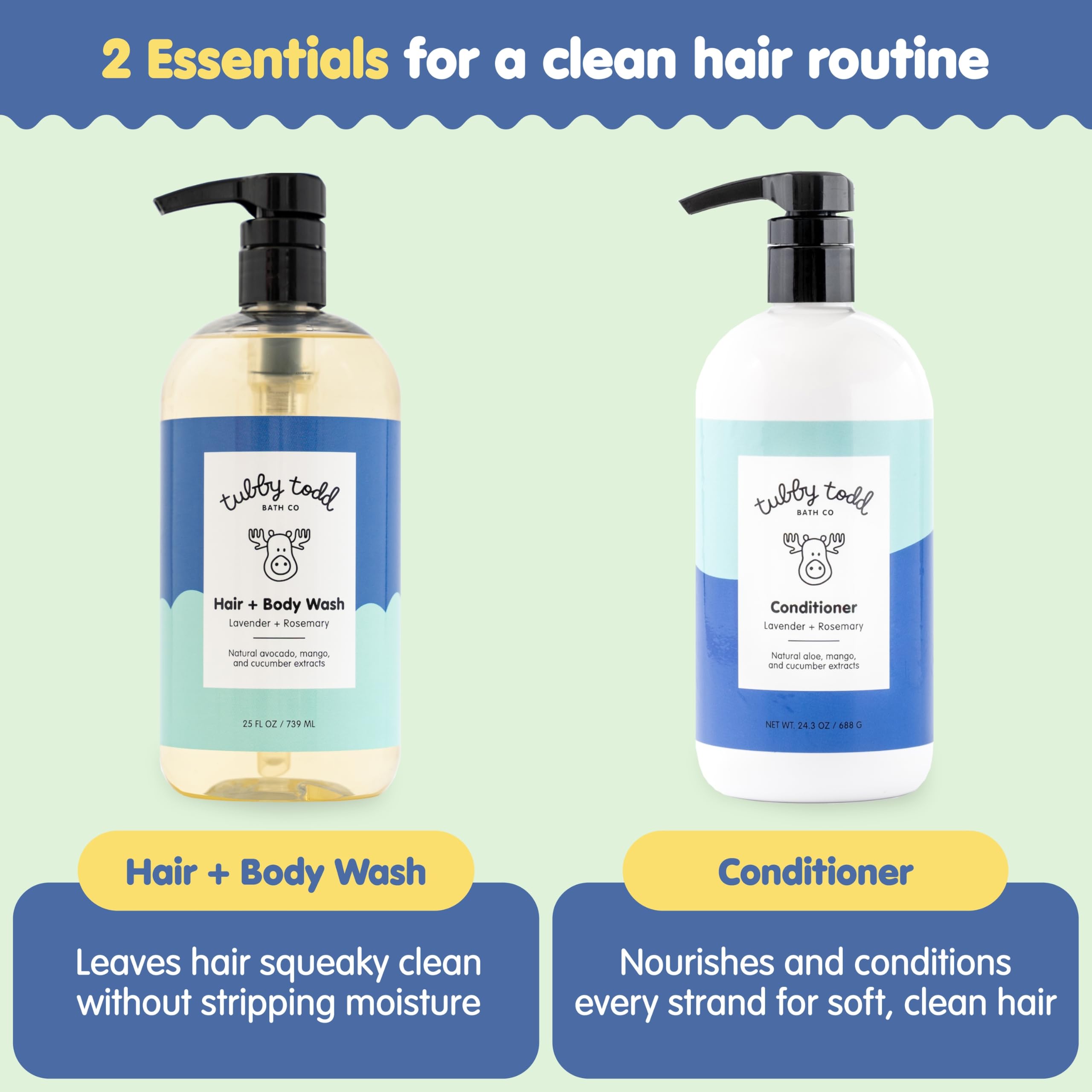 TUBBY TODD Baby Shampoo and Conditioner Set - Gentle Moisturizing Hair Care for Newborns, Toddlers & Kids - Hypoallergenic & Non-Irritating - 25 Fl Oz & 24.3 Fl Oz - Lavender Rosemary Scent - Perfect for Daily Bath Time and Sensitive Skin Care