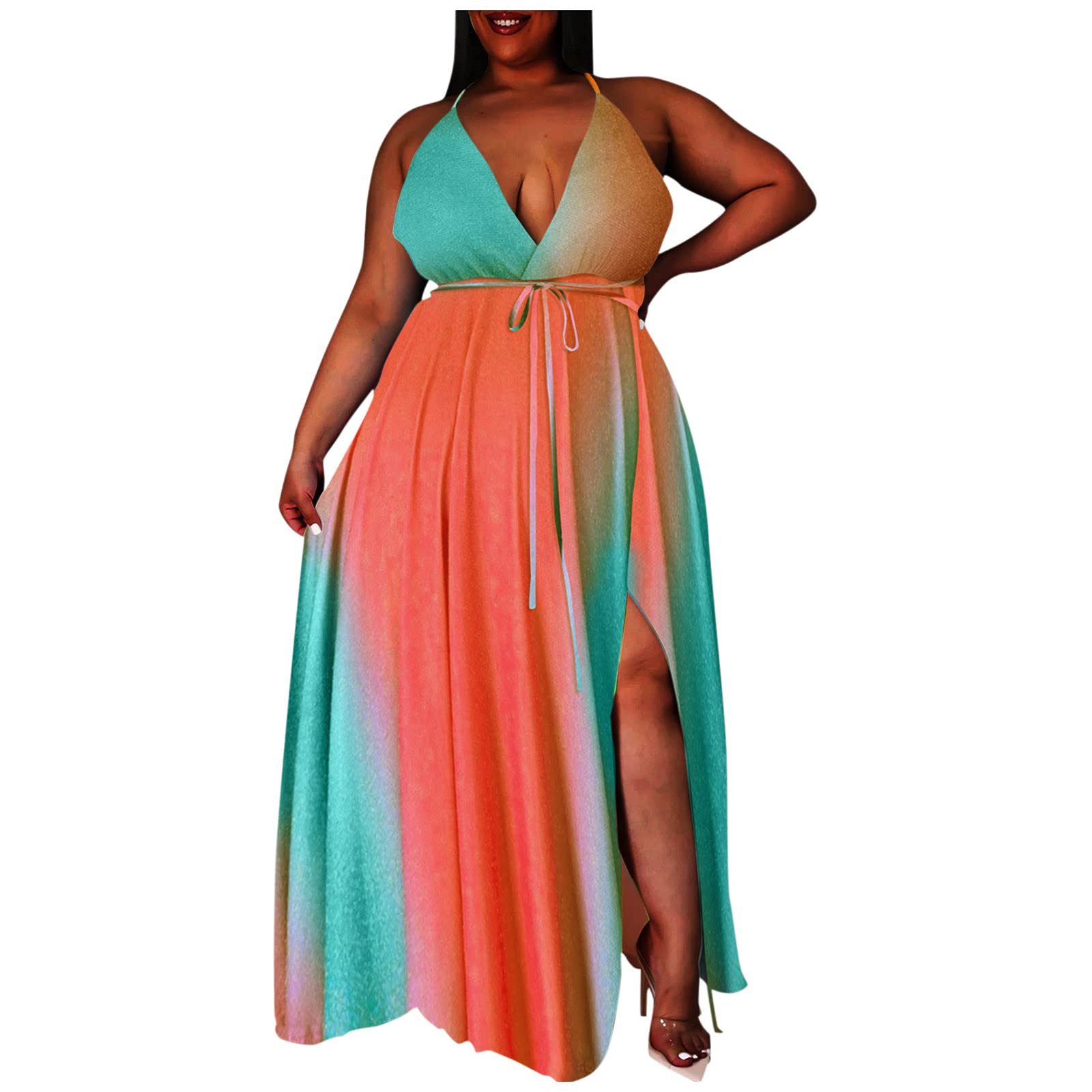 Tsmile Women's Sexy Printed V-Neck Sling Backless Loose Maxi Dress - Plus Size Summer Beach Party Dress for Women