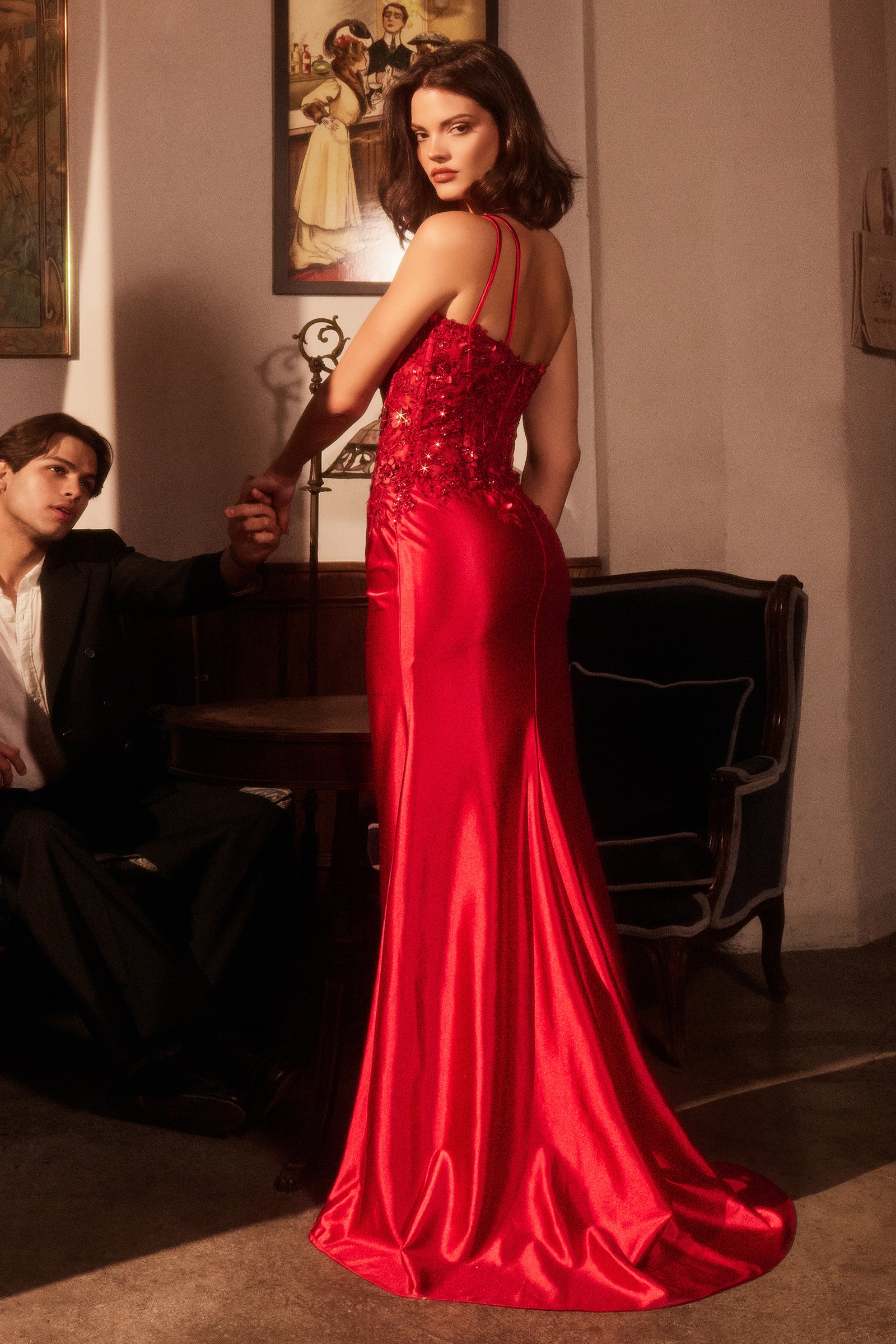 Ladivine CDS535 Elegant One Shoulder Lace Satin Party Dress for Women - Perfect for Evening Gala, Prom, Cocktail Party & Special Occasions