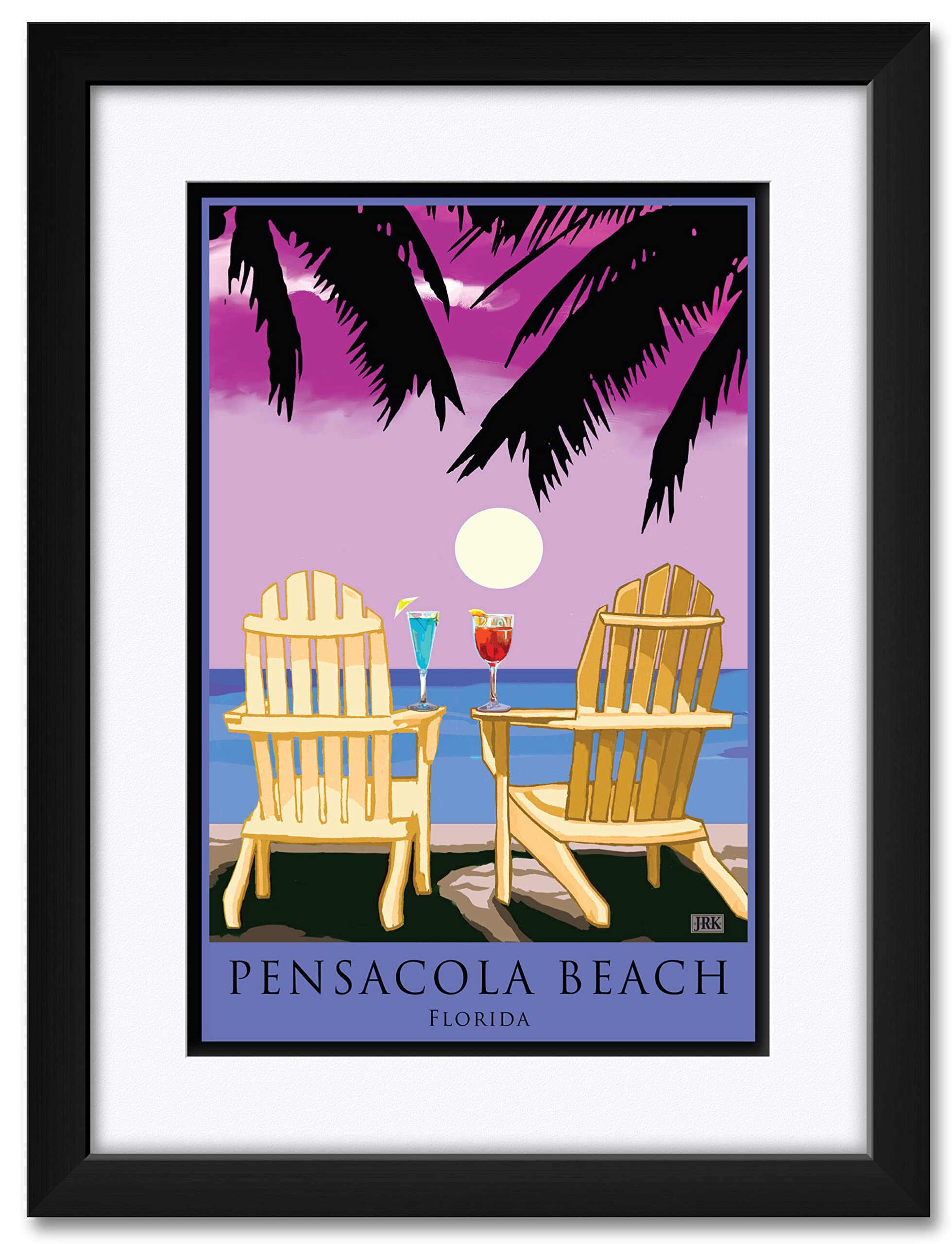 Joanne Kollman Original Alla Prima Painting - Framed Florida Beach Adirondack Chairs Art Print 18x24 Inches, Coastal Decor for Living Room, Porch or Beach House