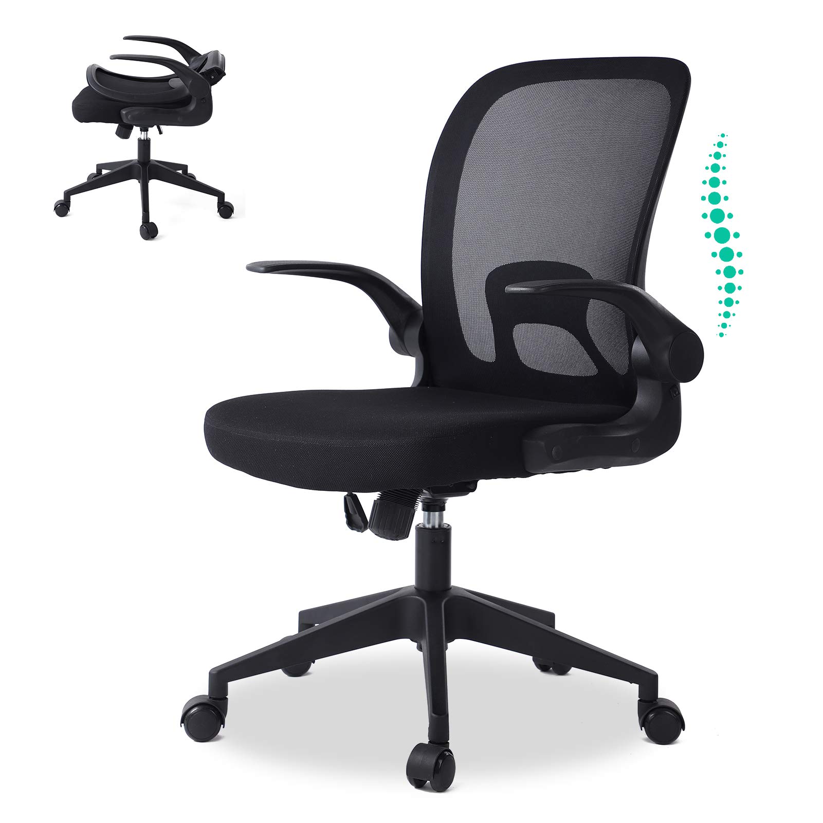 OBBOLLY Ergonomic Mesh Office Chair - Adjustable Height Mid Back Desk Chair with Foldable Backrest & Flip-Up Arms, Breathable Computer Task Chair with Wheels for Home Office (Black) - Perfect for Long Work Hours, Gaming, and Remote Work
